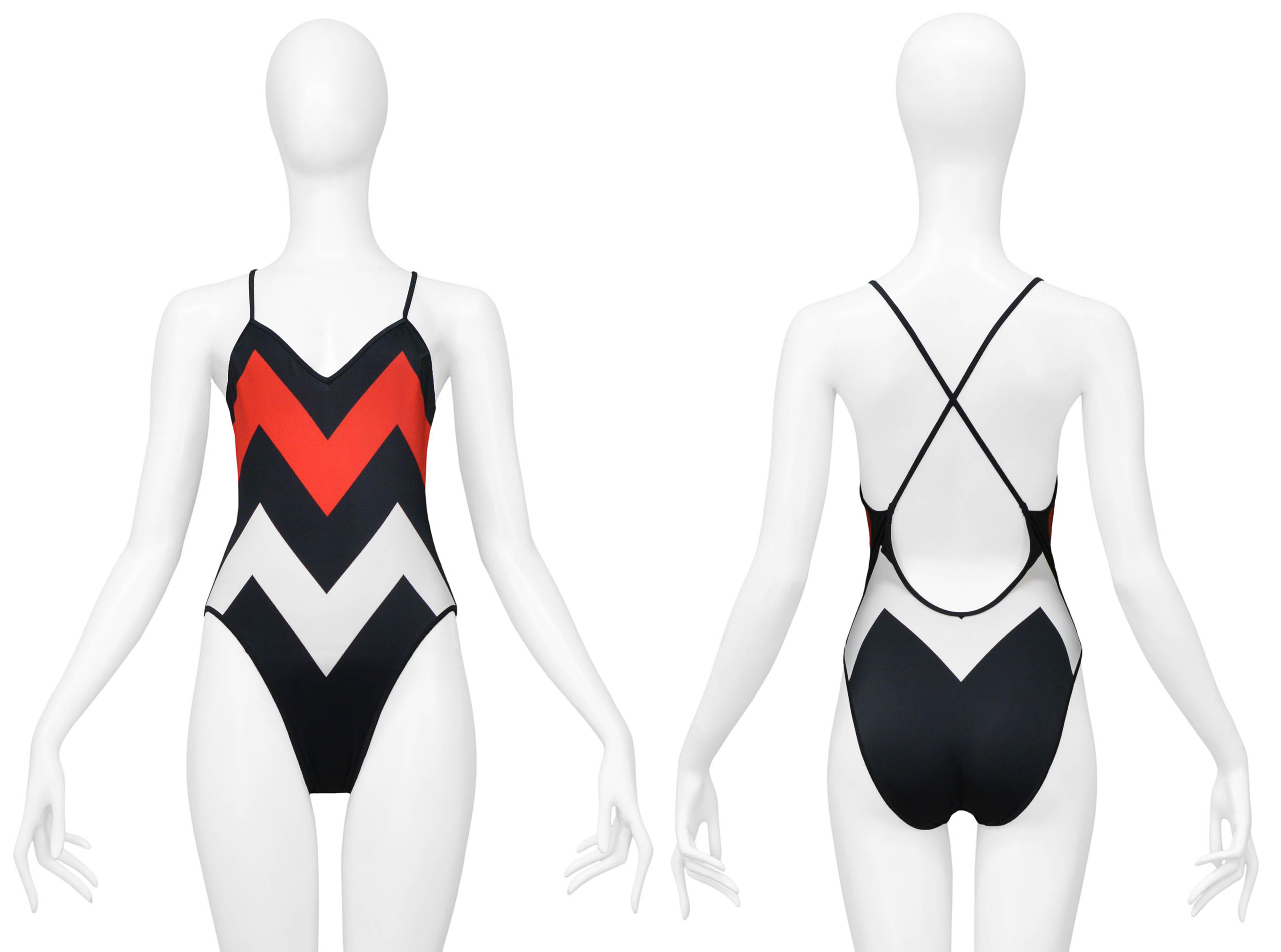 CHRISTIAN DIOR BLACK, RED & WHITE CHEVRON SWIMSUIT 1999
