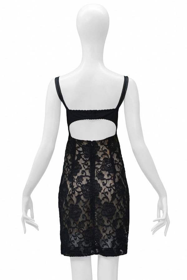 DOLCE BLACK LACE SHEER BRA DRESS WITH NUDE UNDERLAY