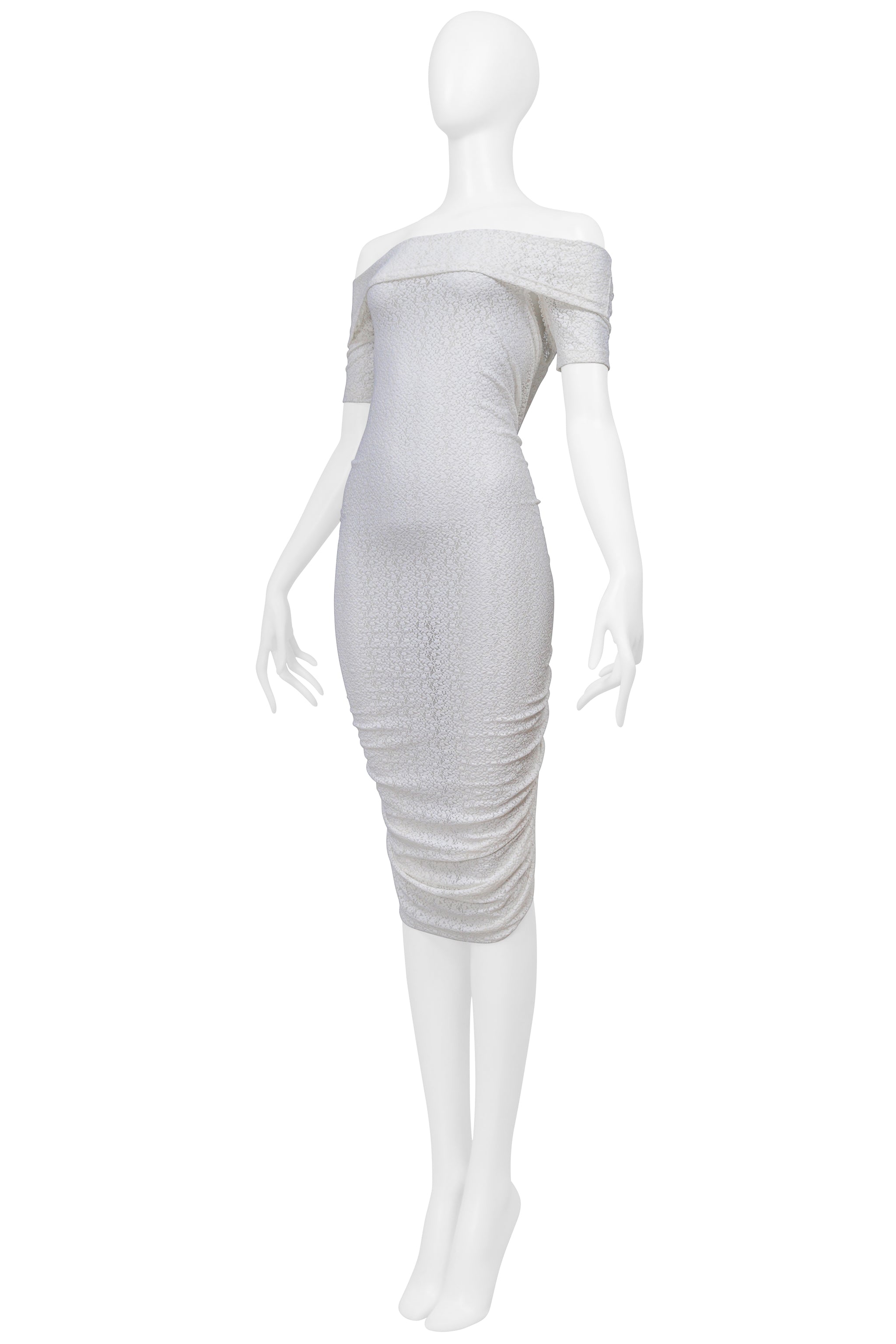 DOLCE & GABBANA D&G WHITE LACE OFF THE SHOULDER RUCHED DRESS