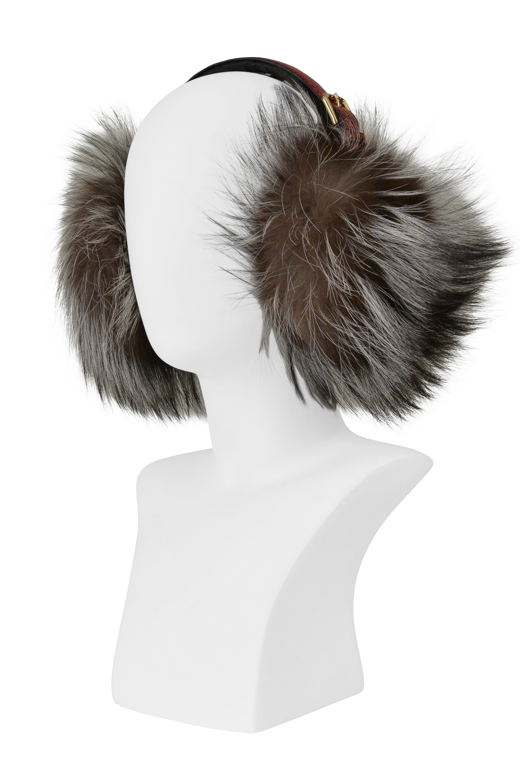 DOLCE & GABBANA EAR MUFFS WITH FUR AND RED PYTHON BAND WITH GOLD BUCKLE