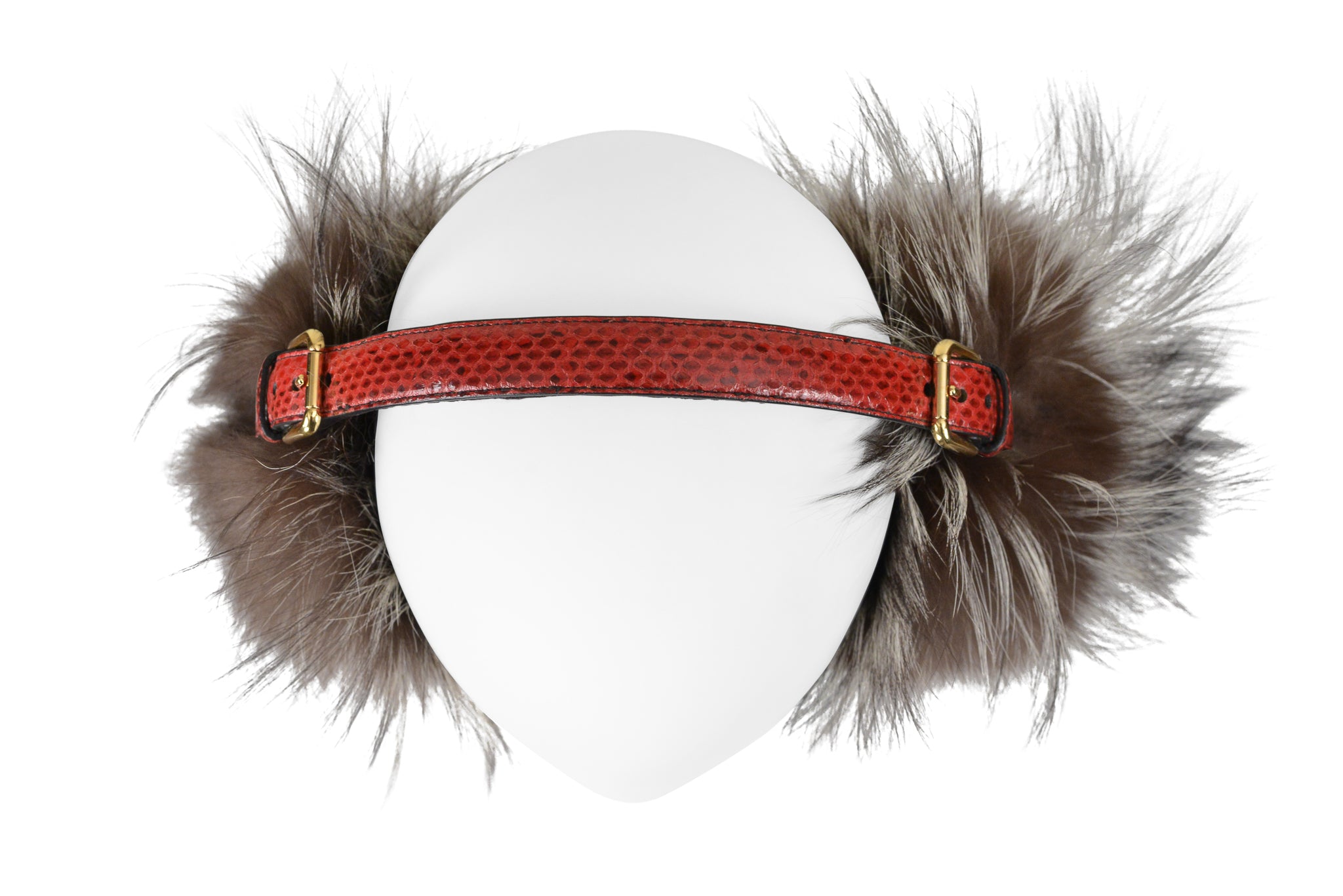 DOLCE & GABBANA EAR MUFFS WITH FUR AND RED PYTHON BAND WITH GOLD BUCKLE