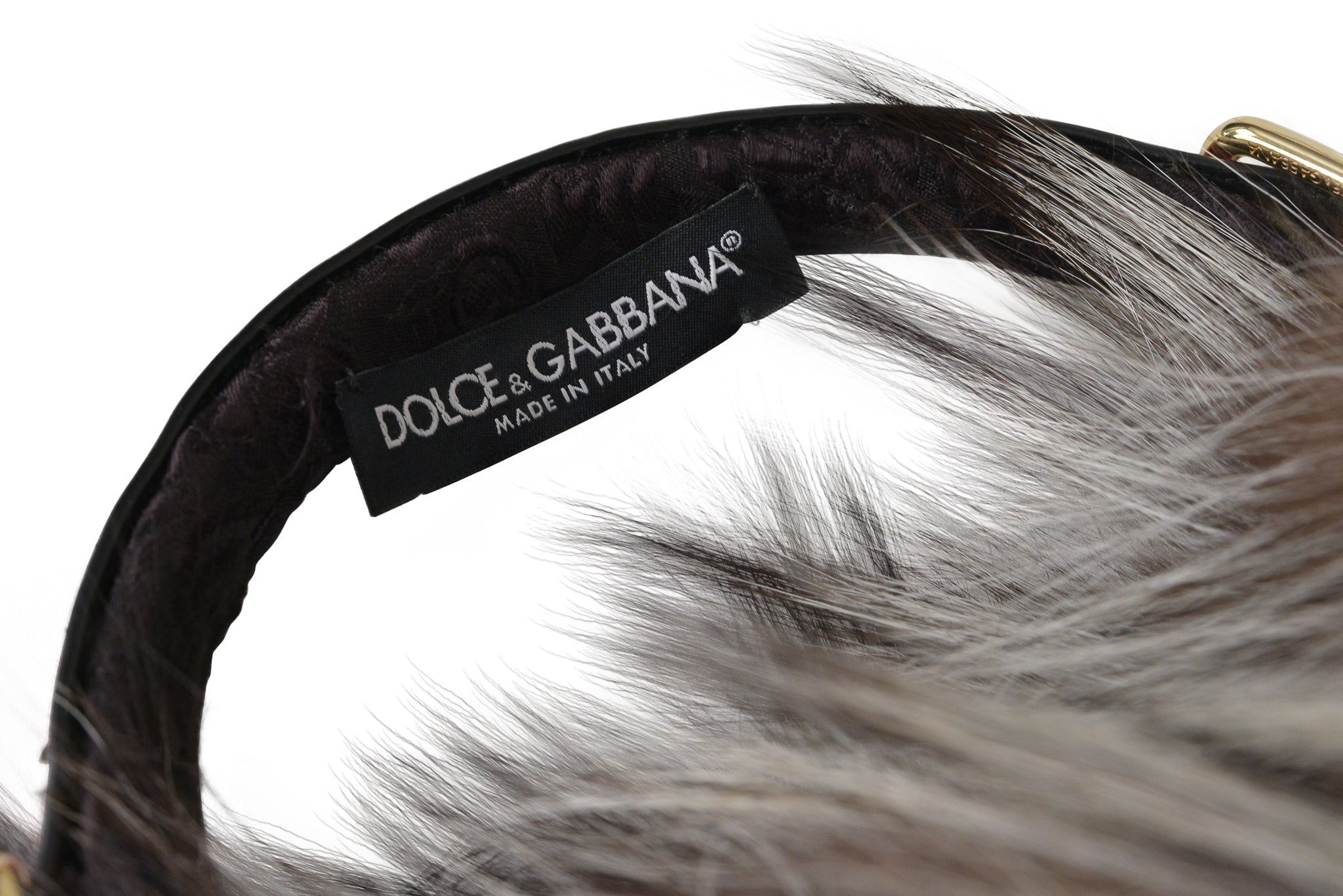 DOLCE & GABBANA EAR MUFFS WITH FUR AND RED PYTHON BAND WITH GOLD BUCKLE
