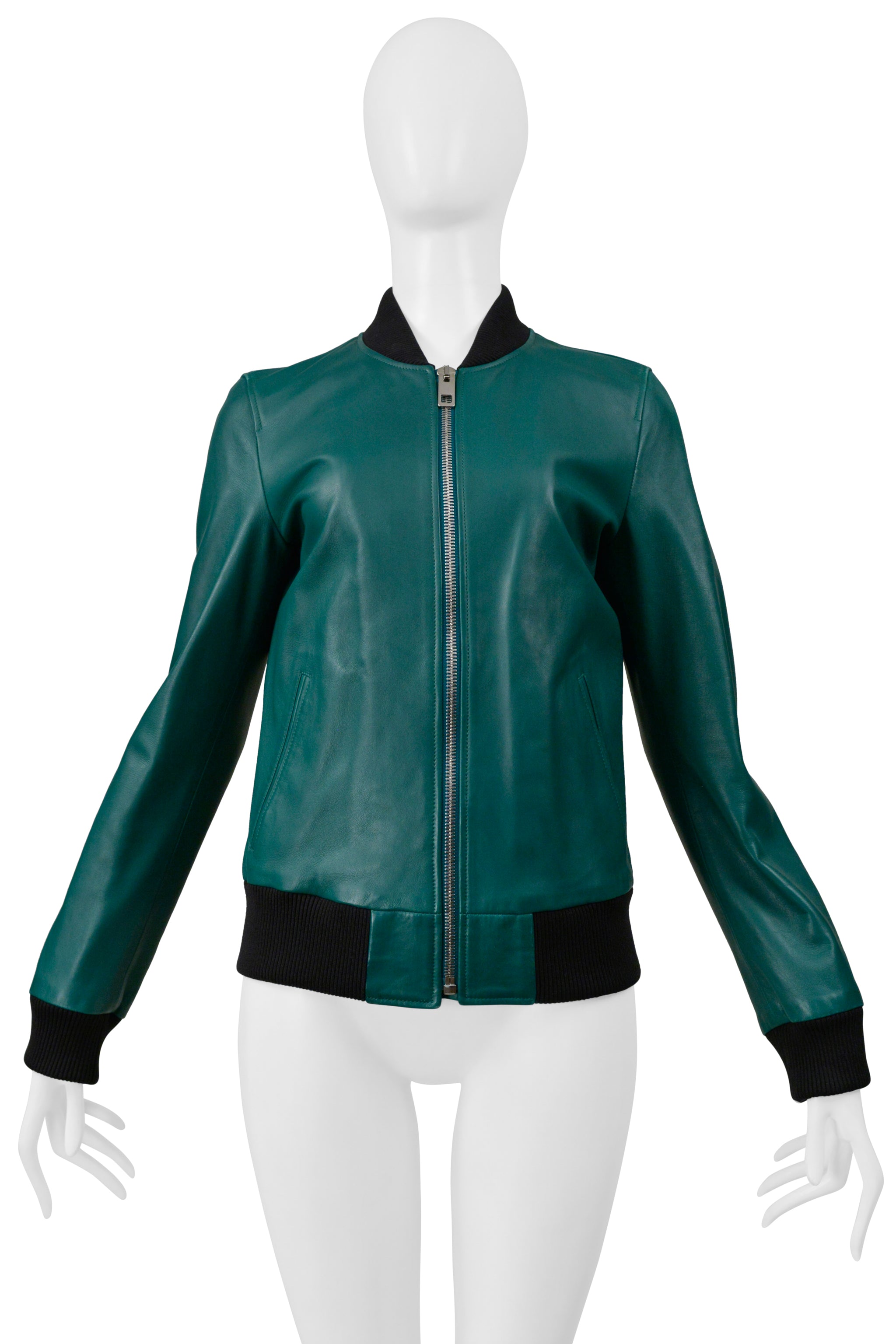 DOLCE GREEN LEATHER BOMBER JACKET WITH BLACK TRIM