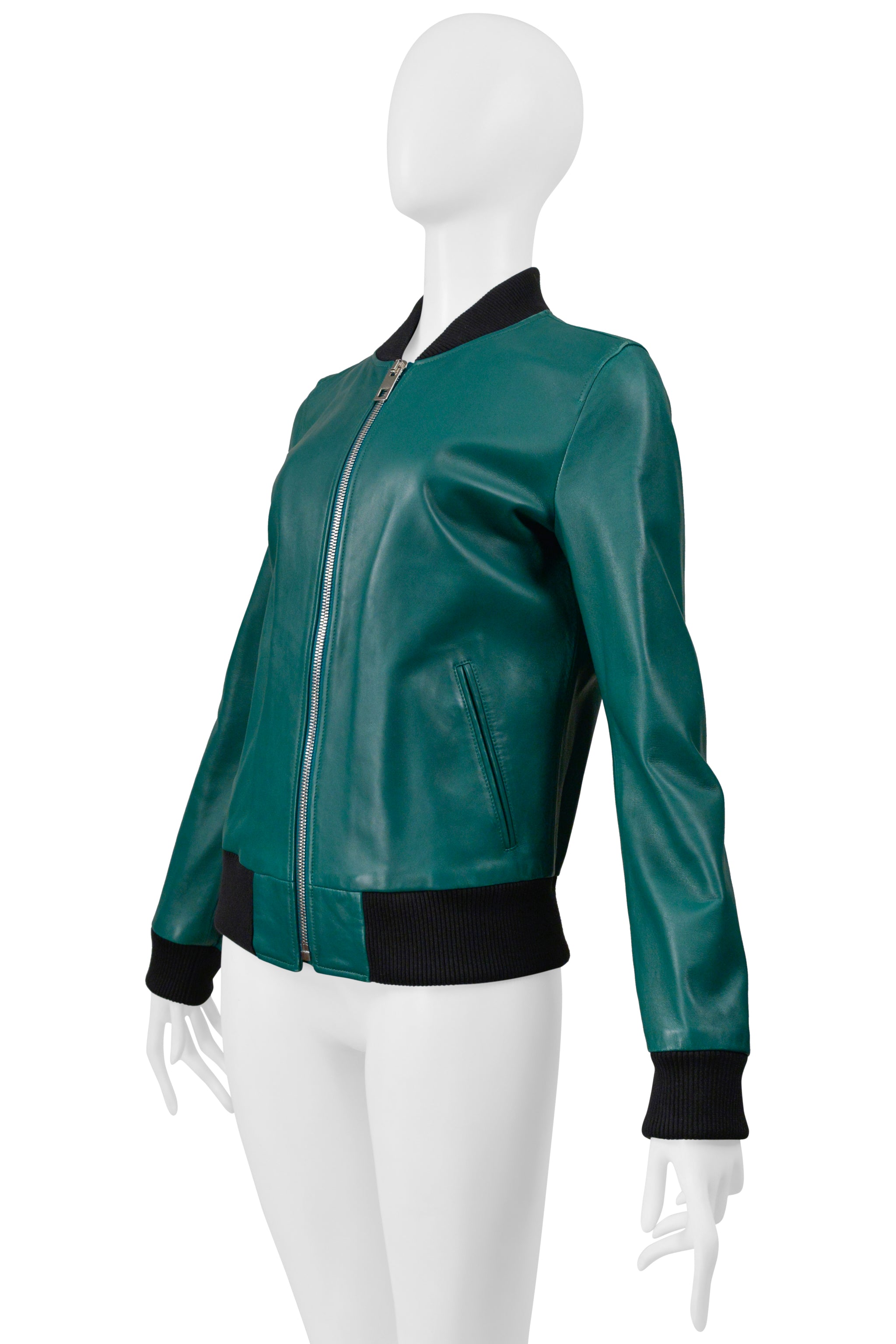 DOLCE GREEN LEATHER BOMBER JACKET WITH BLACK TRIM