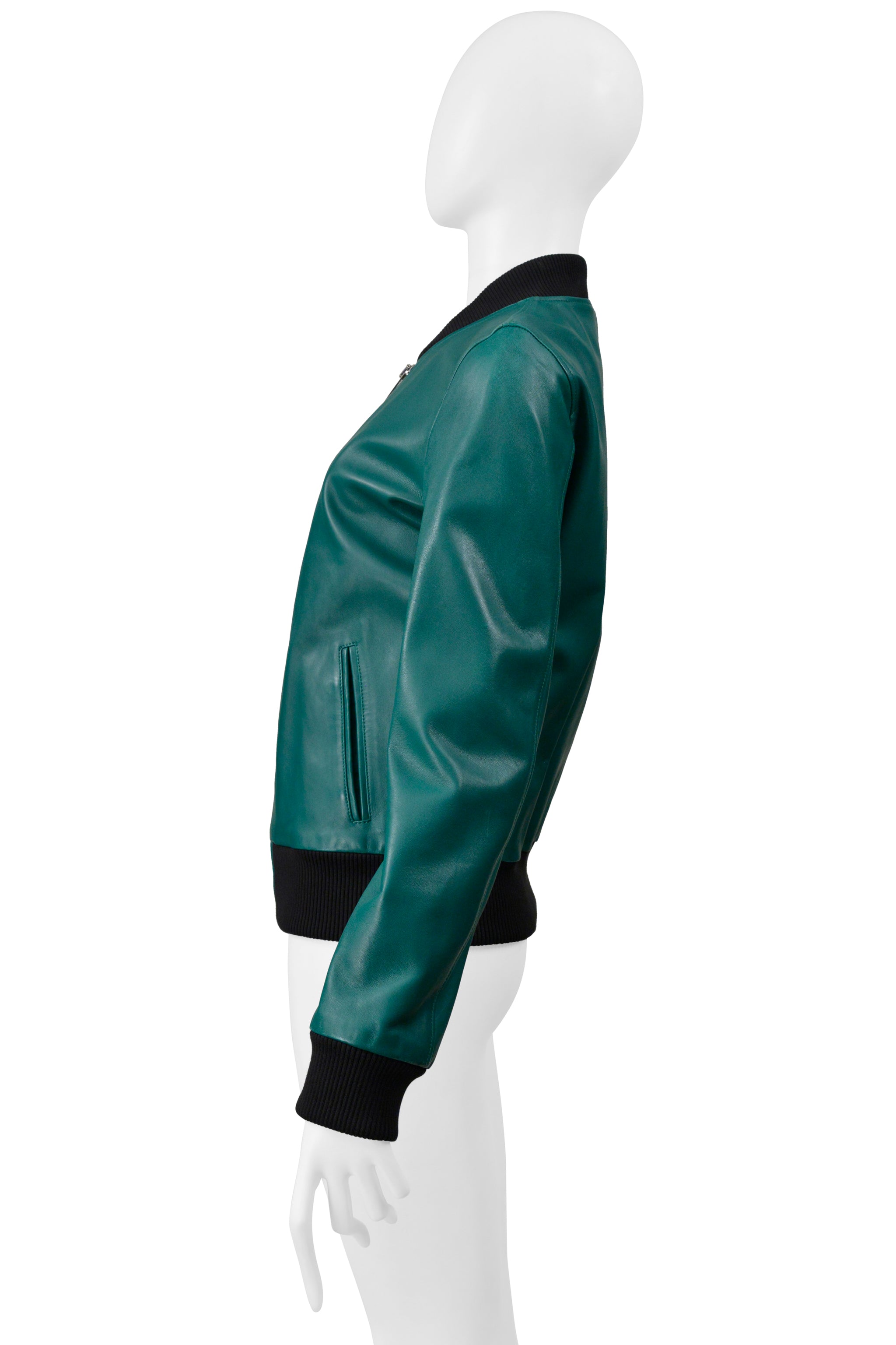 DOLCE GREEN LEATHER BOMBER JACKET WITH BLACK TRIM