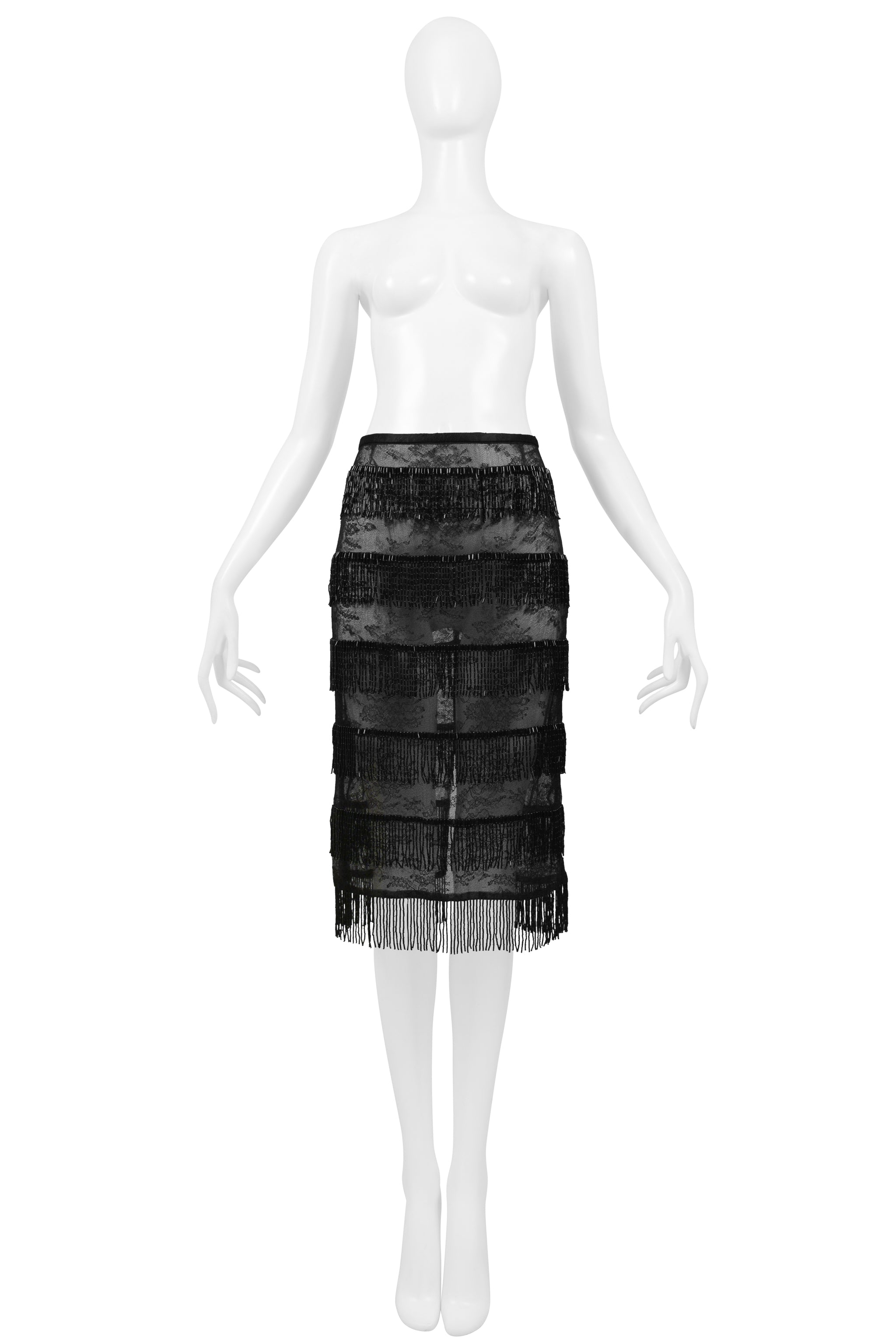 DOLCE & GABBANA BLACK SHEER SKIRT WITH BEADED FRINGE SS 2000
