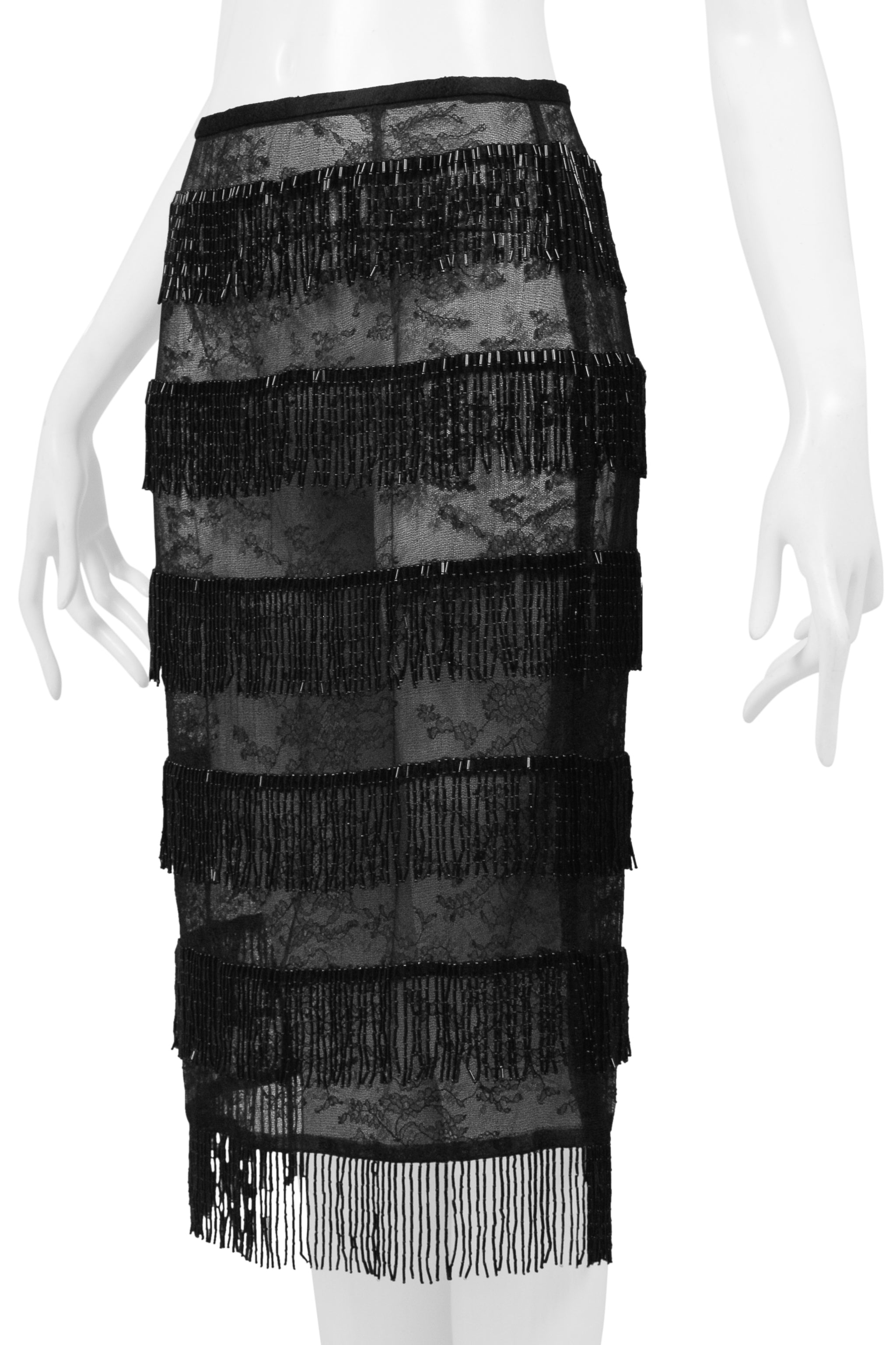DOLCE & GABBANA BLACK SHEER SKIRT WITH BEADED FRINGE SS 2000