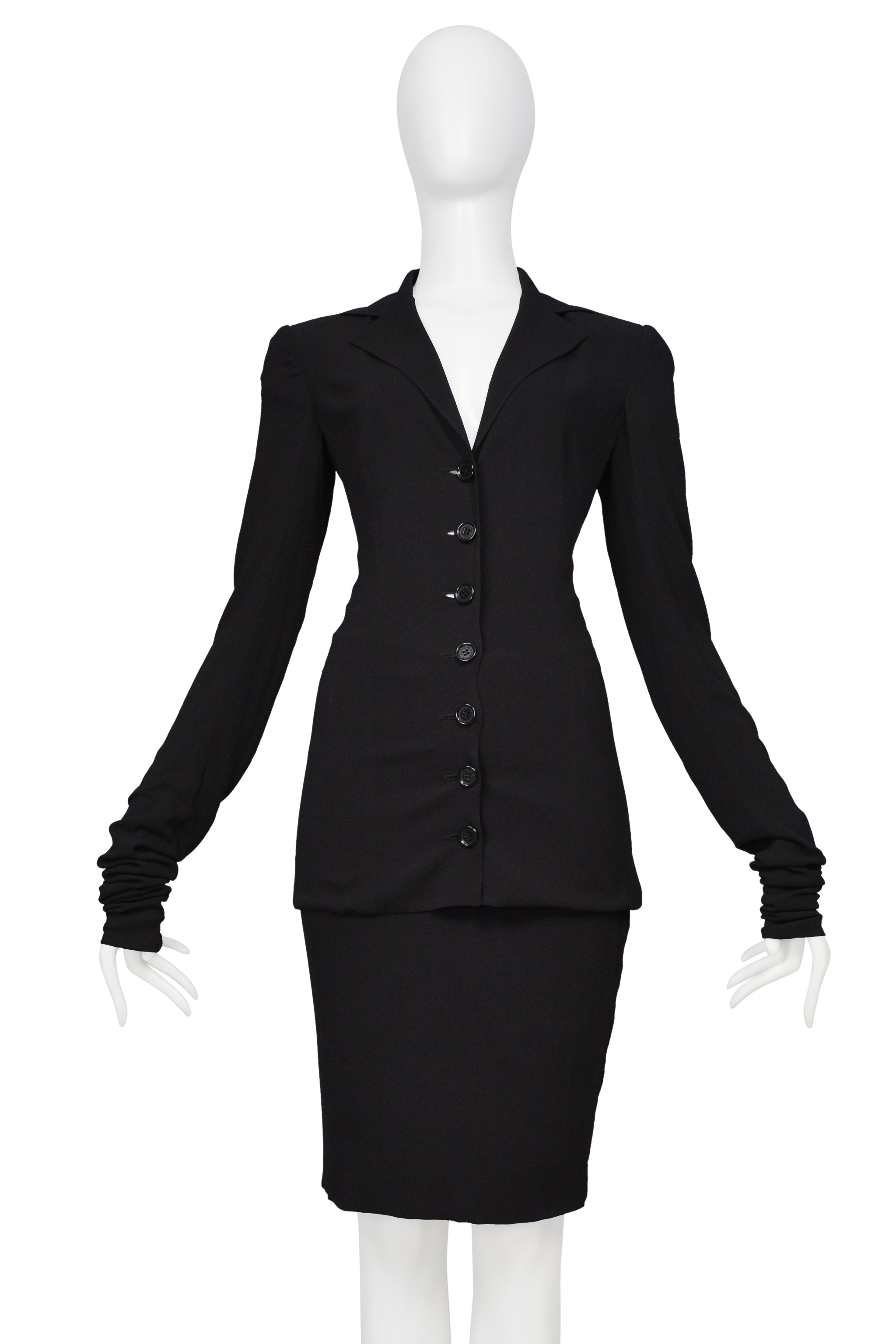 DOLCE & GABBANA BLACK CREPE JACKET WITH EXTRA LONG SLEEVES & SKIRT ENSEMBLE 2003