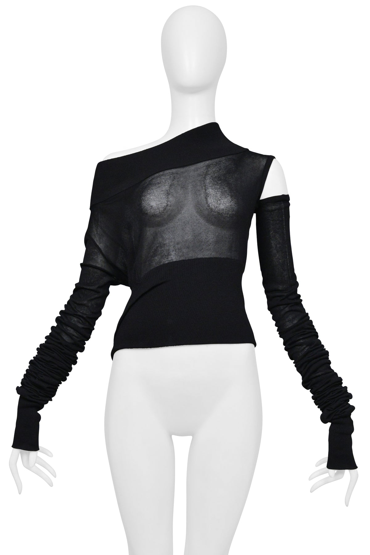 DOLCE & GABBANA 2003 BLACK MESH HIGH COLLAR ASYMMETRICAL TOP W DETACHABLE SLEEVE