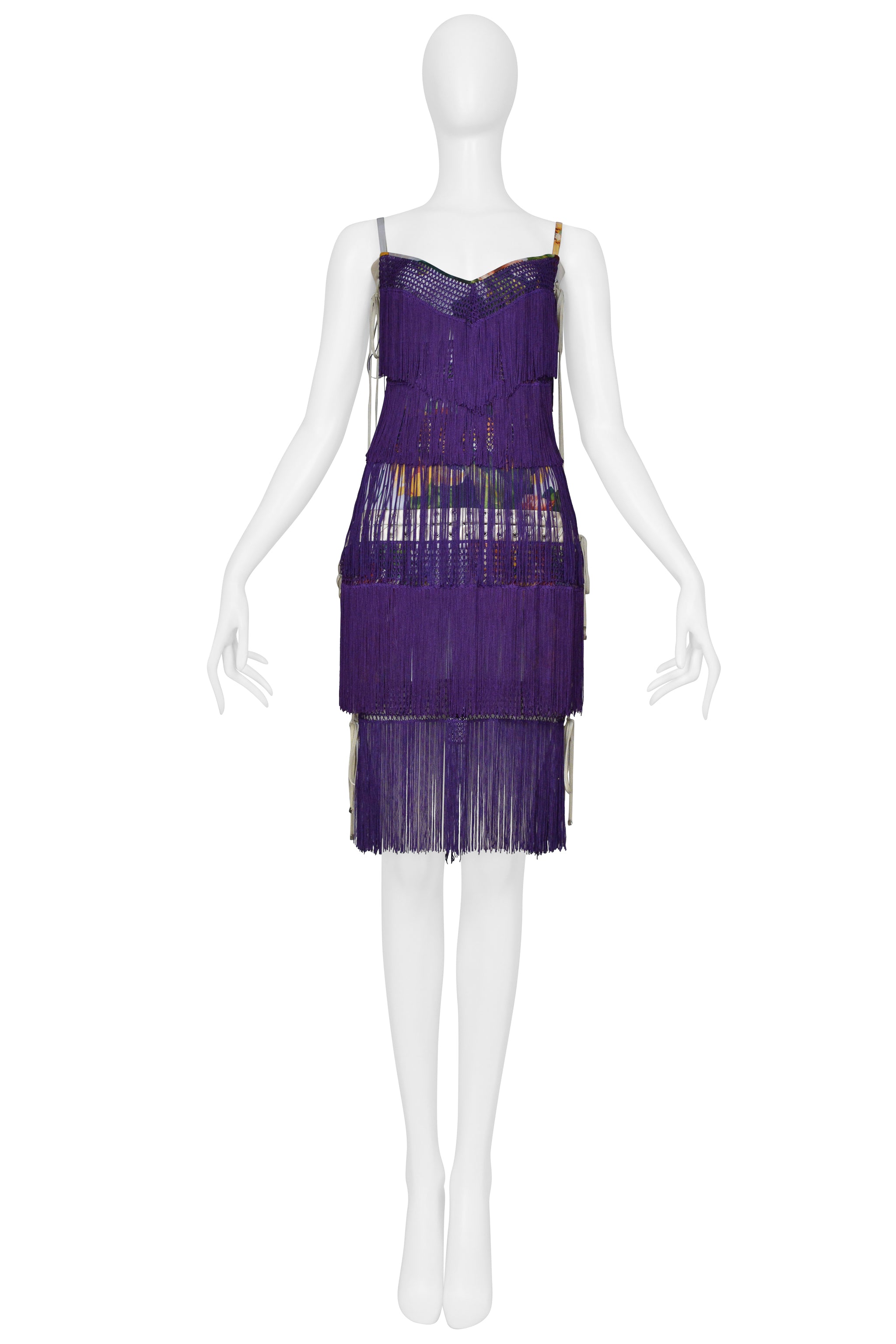 DOLCE & GABBANA PURPLE FRINGE DRESS WITH FLORAL PRINT 2003