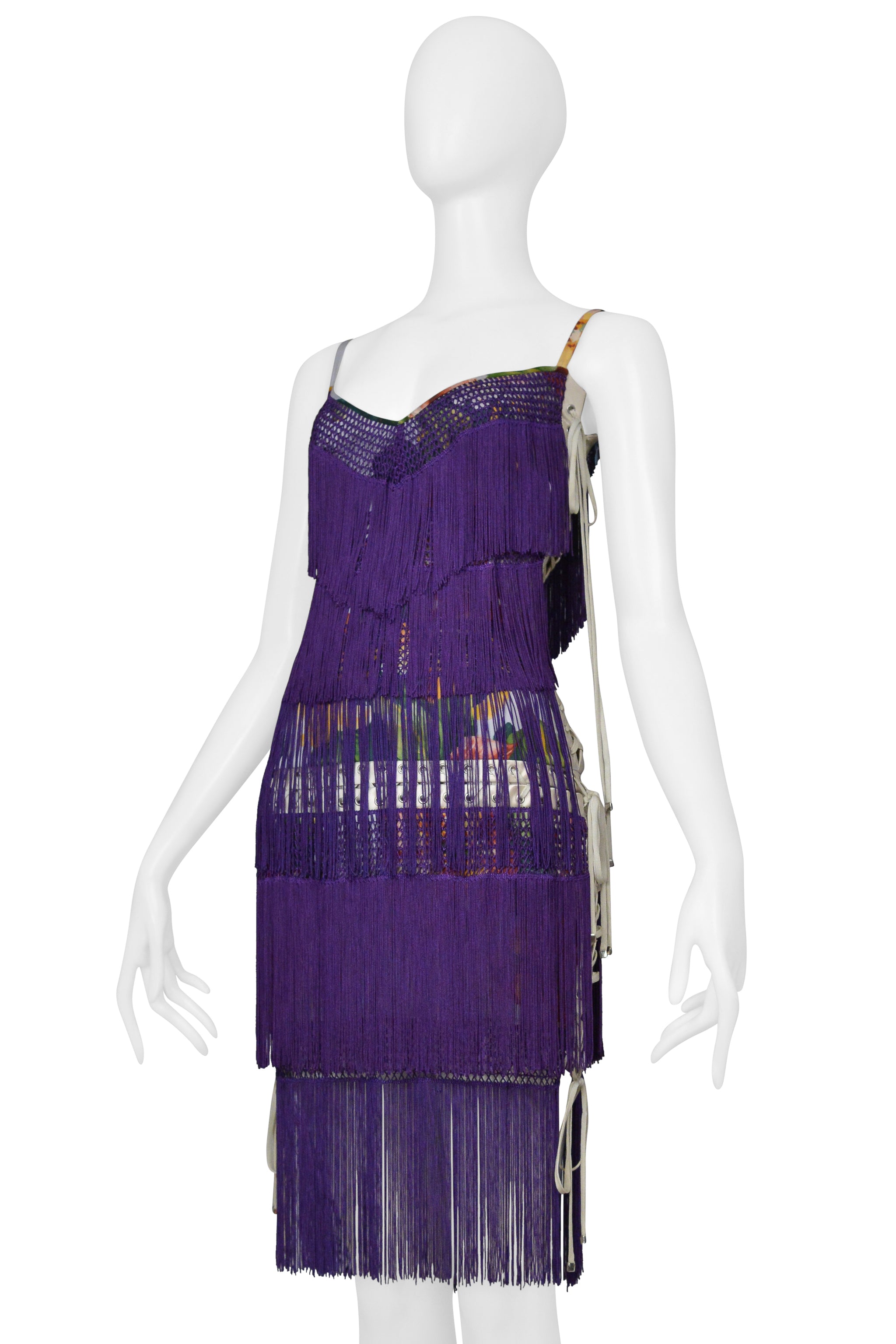 DOLCE & GABBANA PURPLE FRINGE DRESS WITH FLORAL PRINT 2003