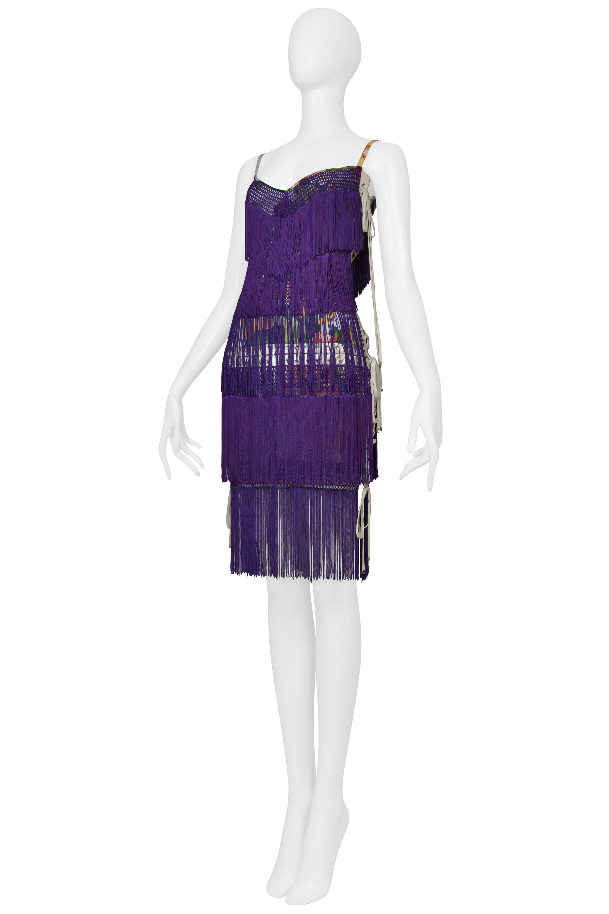 DOLCE & GABBANA PURPLE FRINGE DRESS WITH FLORAL PRINT 2003
