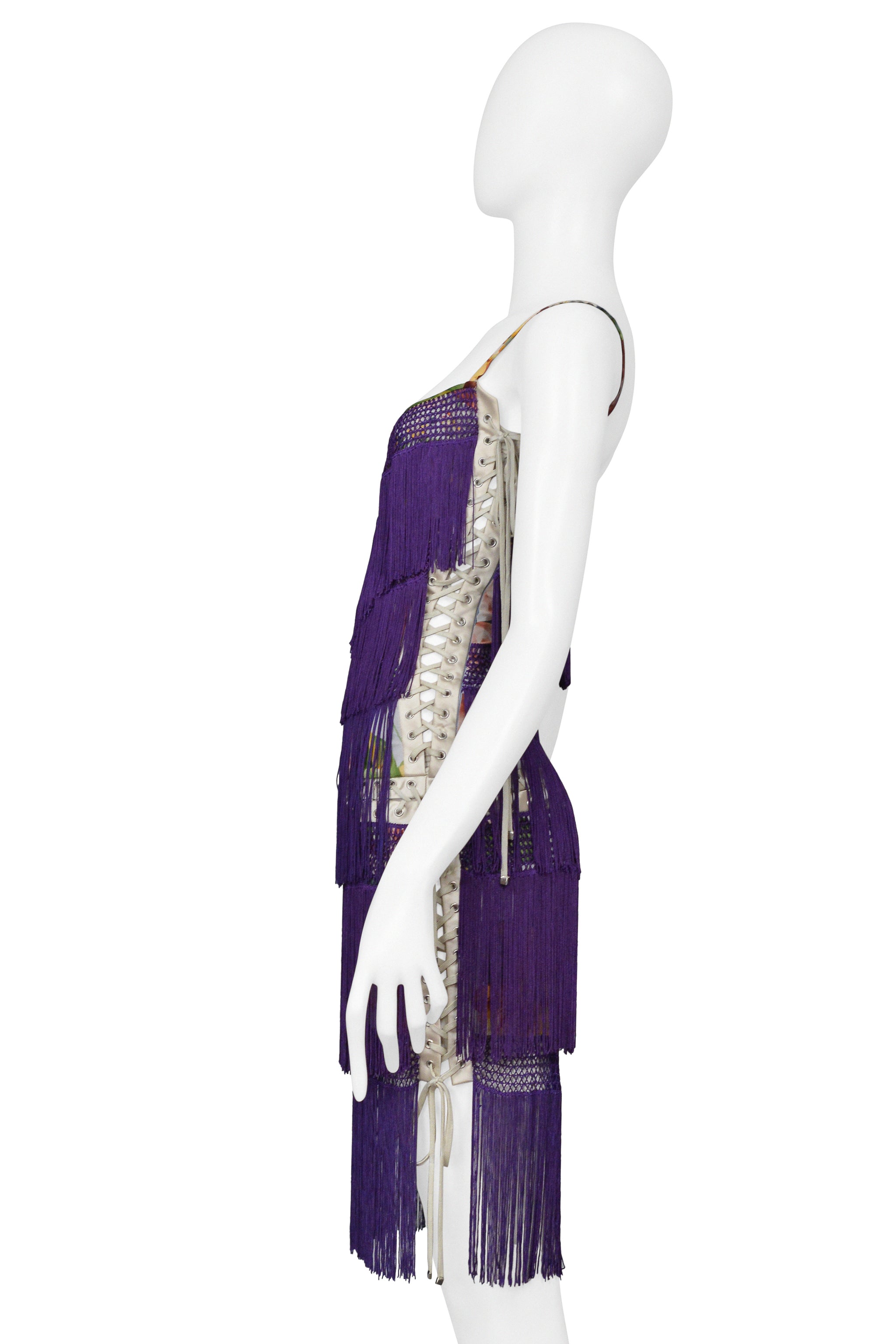 DOLCE & GABBANA PURPLE FRINGE DRESS WITH FLORAL PRINT 2003
