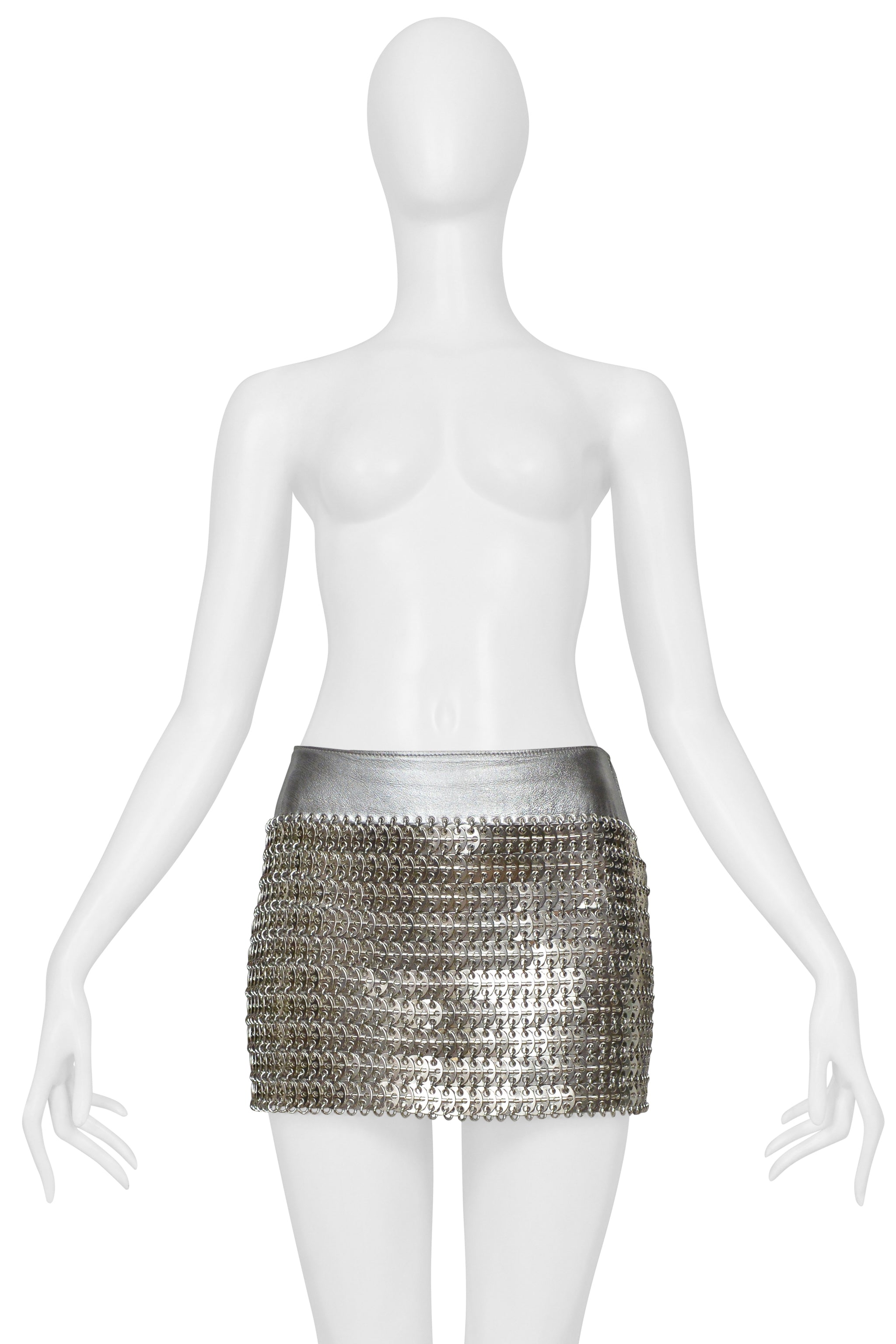 DOLCE & GABBANA SILVER MINI LEATHER SKIRT WITH METAL DISCS 2003