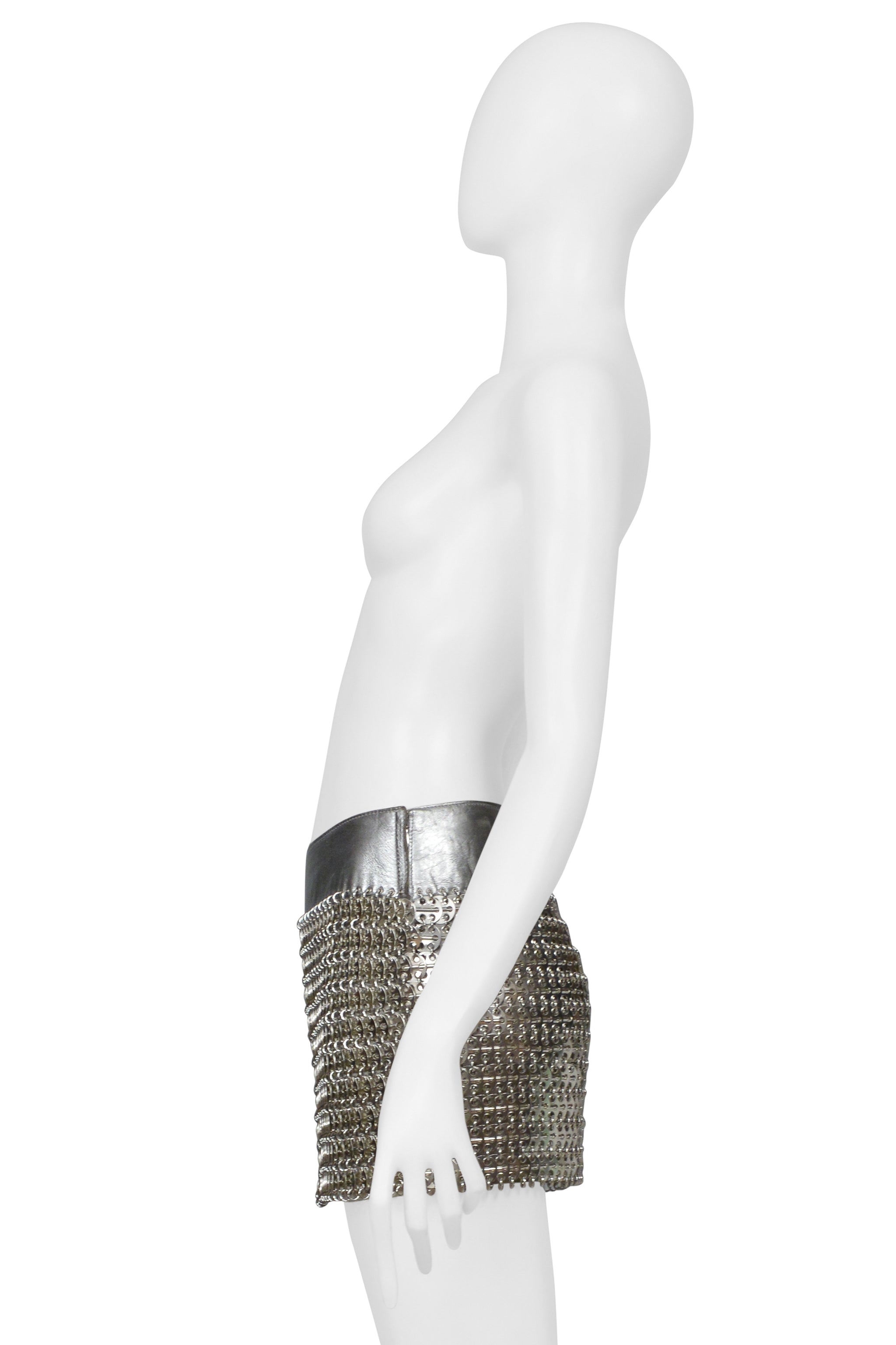 DOLCE & GABBANA SILVER MINI LEATHER SKIRT WITH METAL DISCS 2003