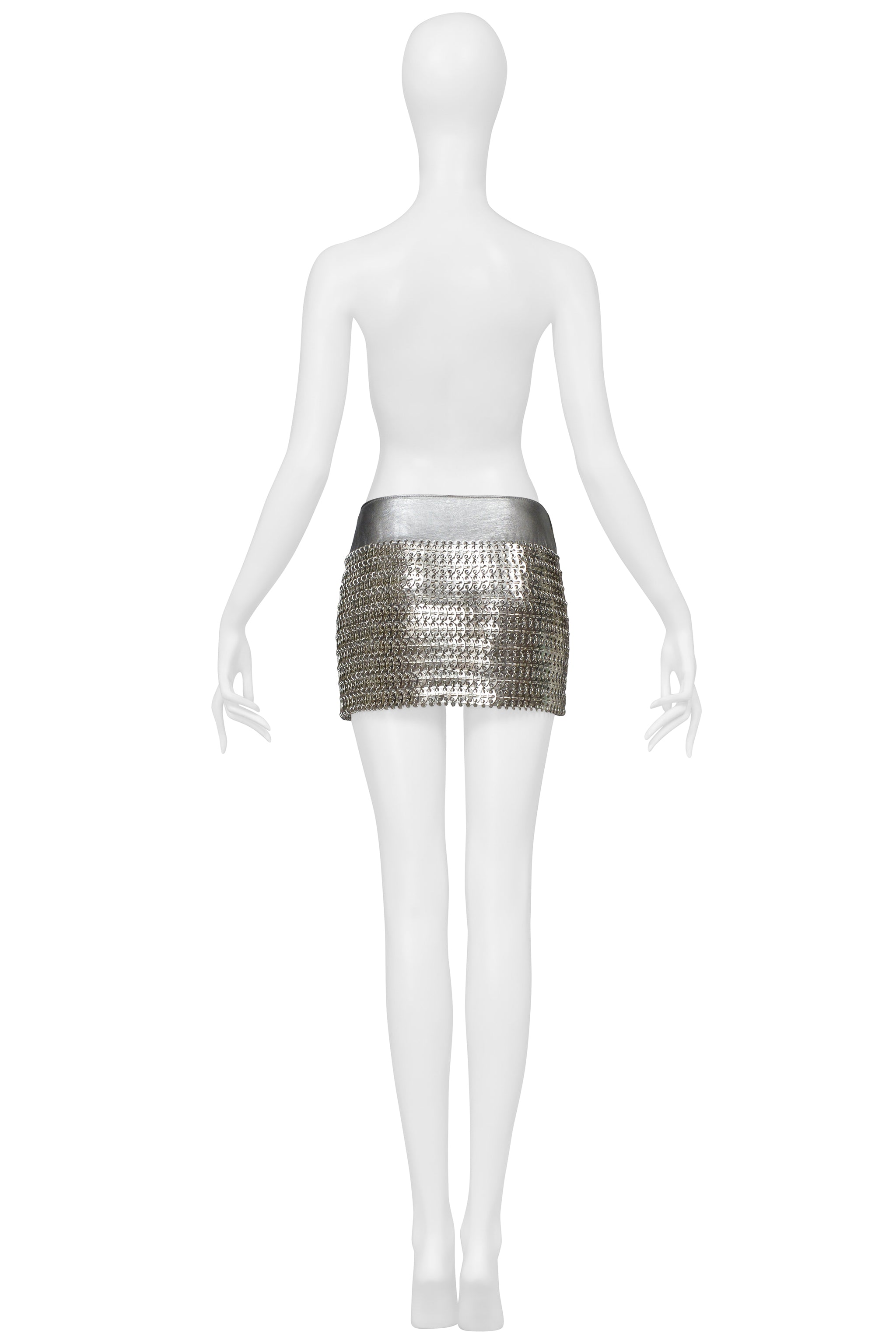 DOLCE & GABBANA SILVER MINI LEATHER SKIRT WITH METAL DISCS 2003