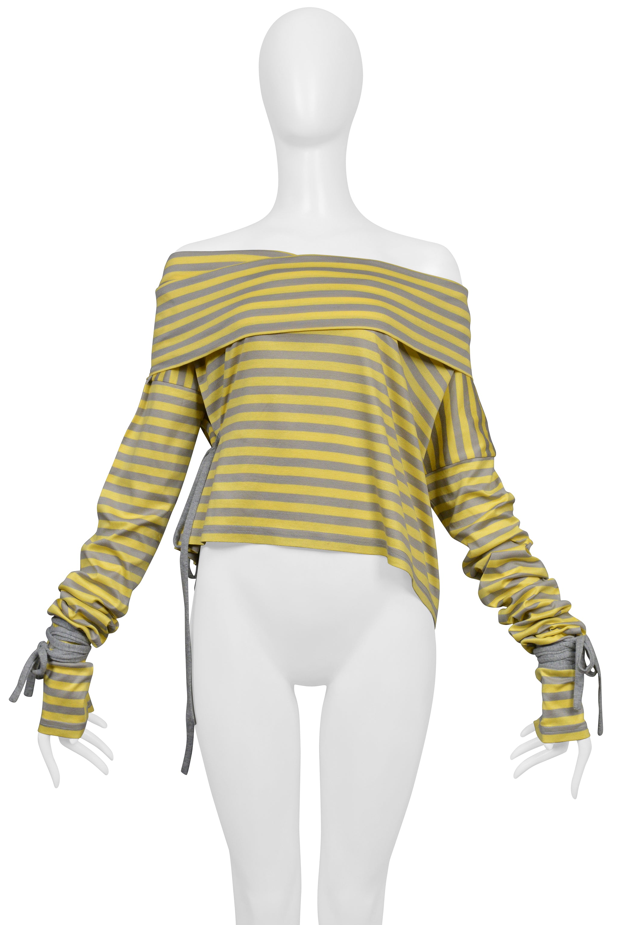DOLCE & GABBANA YELLOW & GREY STRIPED COLD SHOULDER TOP WITH TIES 2003