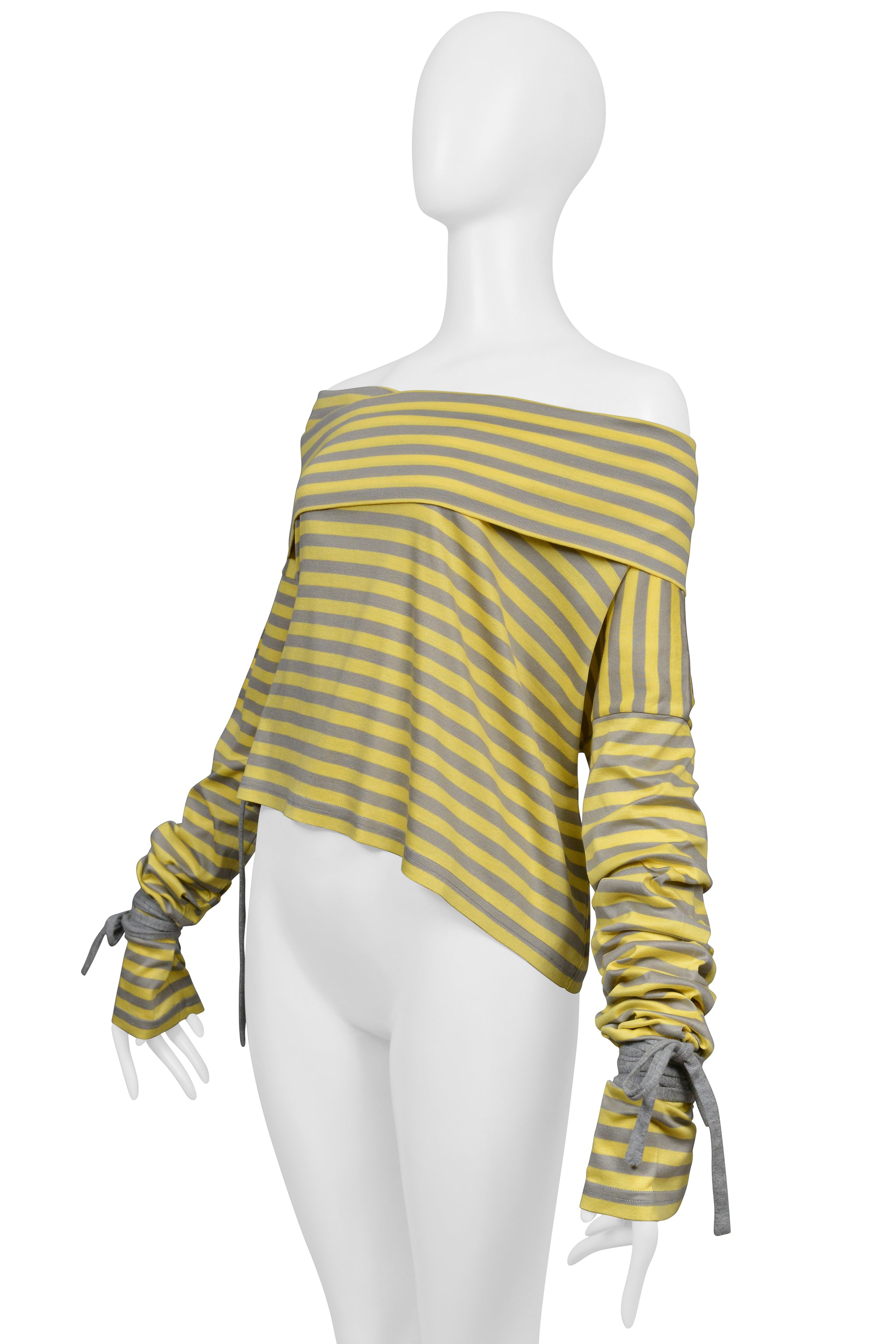 DOLCE & GABBANA YELLOW & GREY STRIPED COLD SHOULDER TOP WITH TIES 2003
