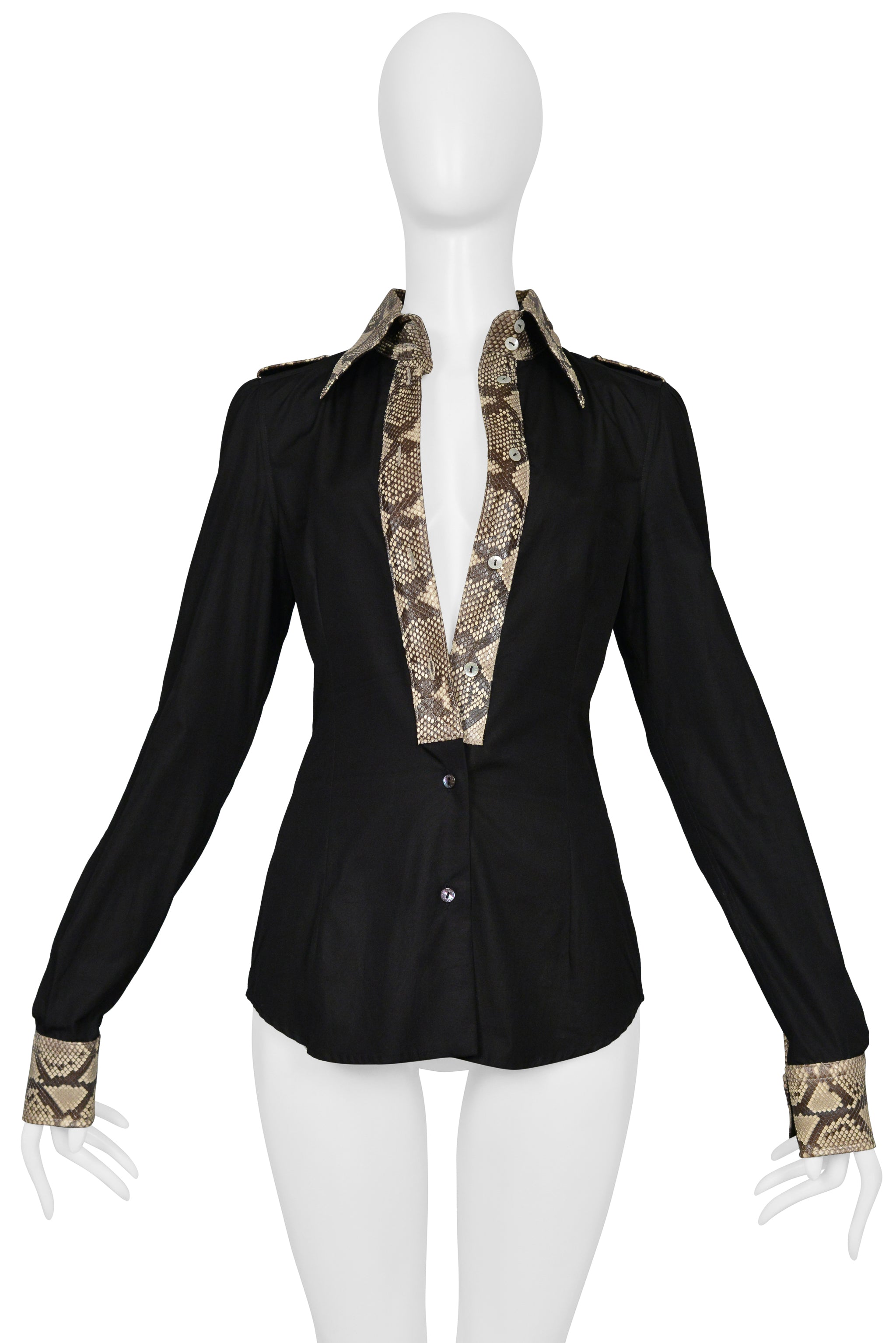DOLCE & GABBANA BLACK COTTON LONG SLEEVE SHIRT WITH PYTHON TRIM AND COLLAR 2005