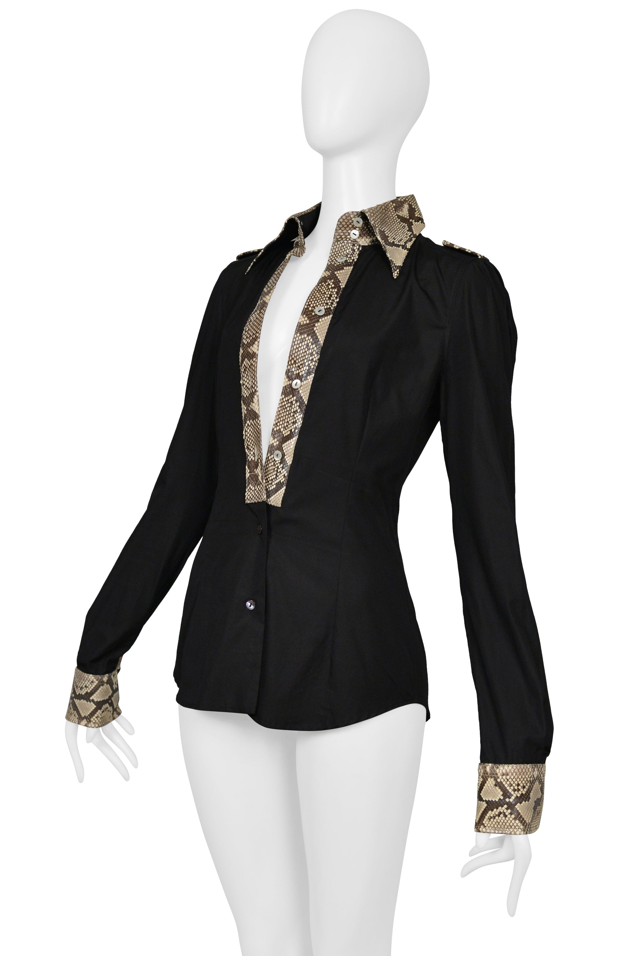 DOLCE & GABBANA BLACK COTTON LONG SLEEVE SHIRT WITH PYTHON TRIM AND COLLAR 2005