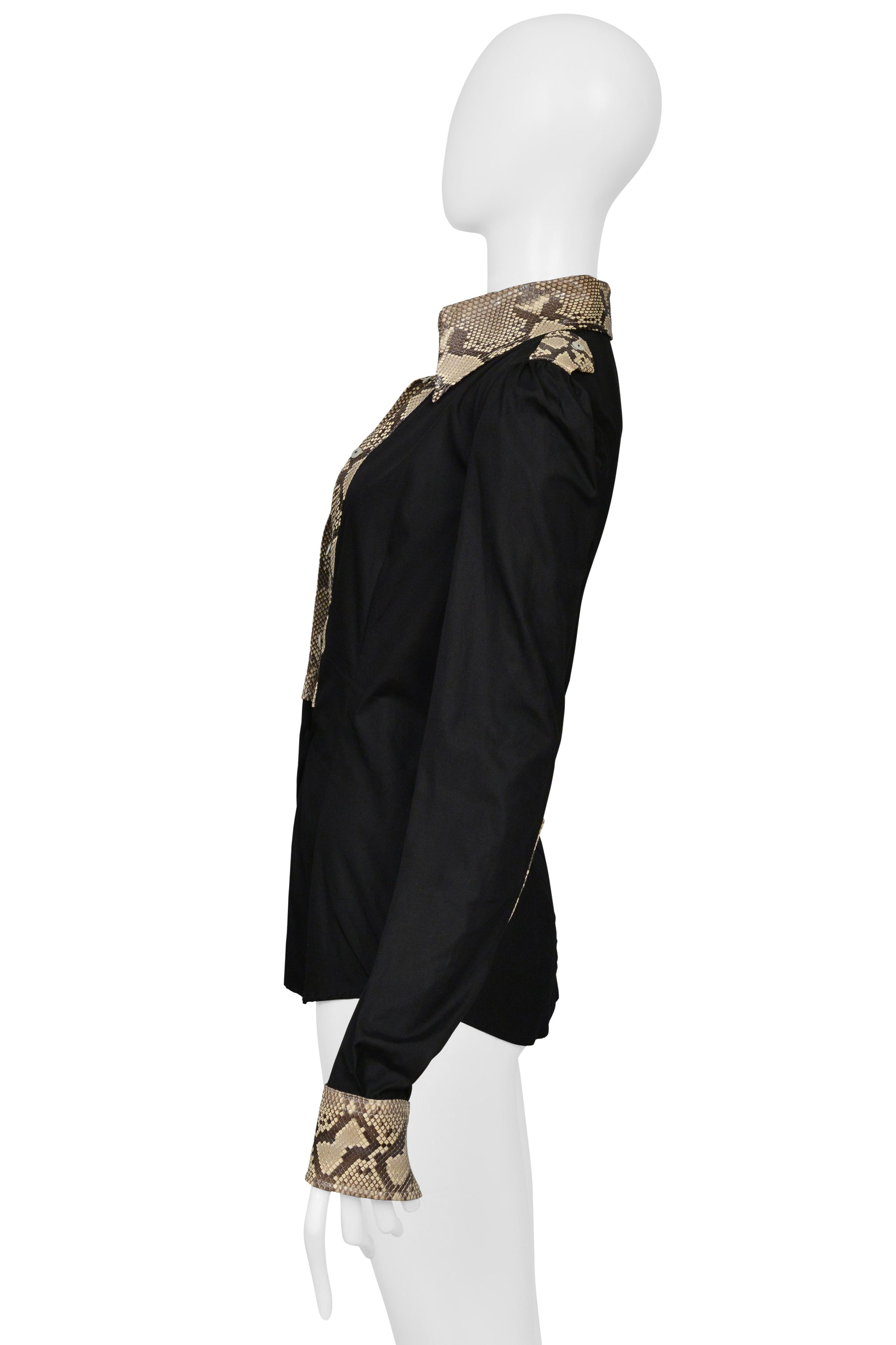 DOLCE & GABBANA BLACK COTTON LONG SLEEVE SHIRT WITH PYTHON TRIM AND COLLAR 2005