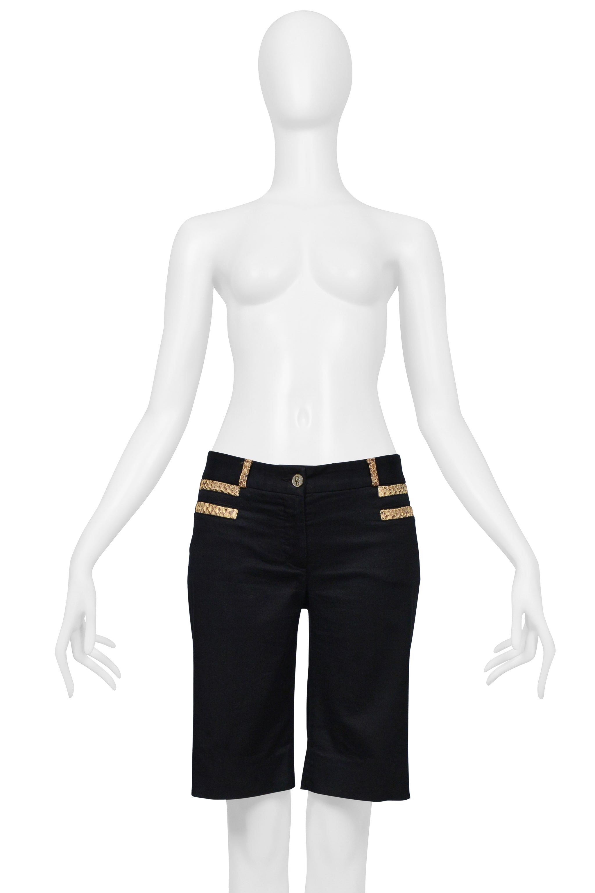 DOLCE & GABBANA BLACK COTTON BERMUDA SHORTS WITH PYTHON-EFFECT LEATHER TRIM