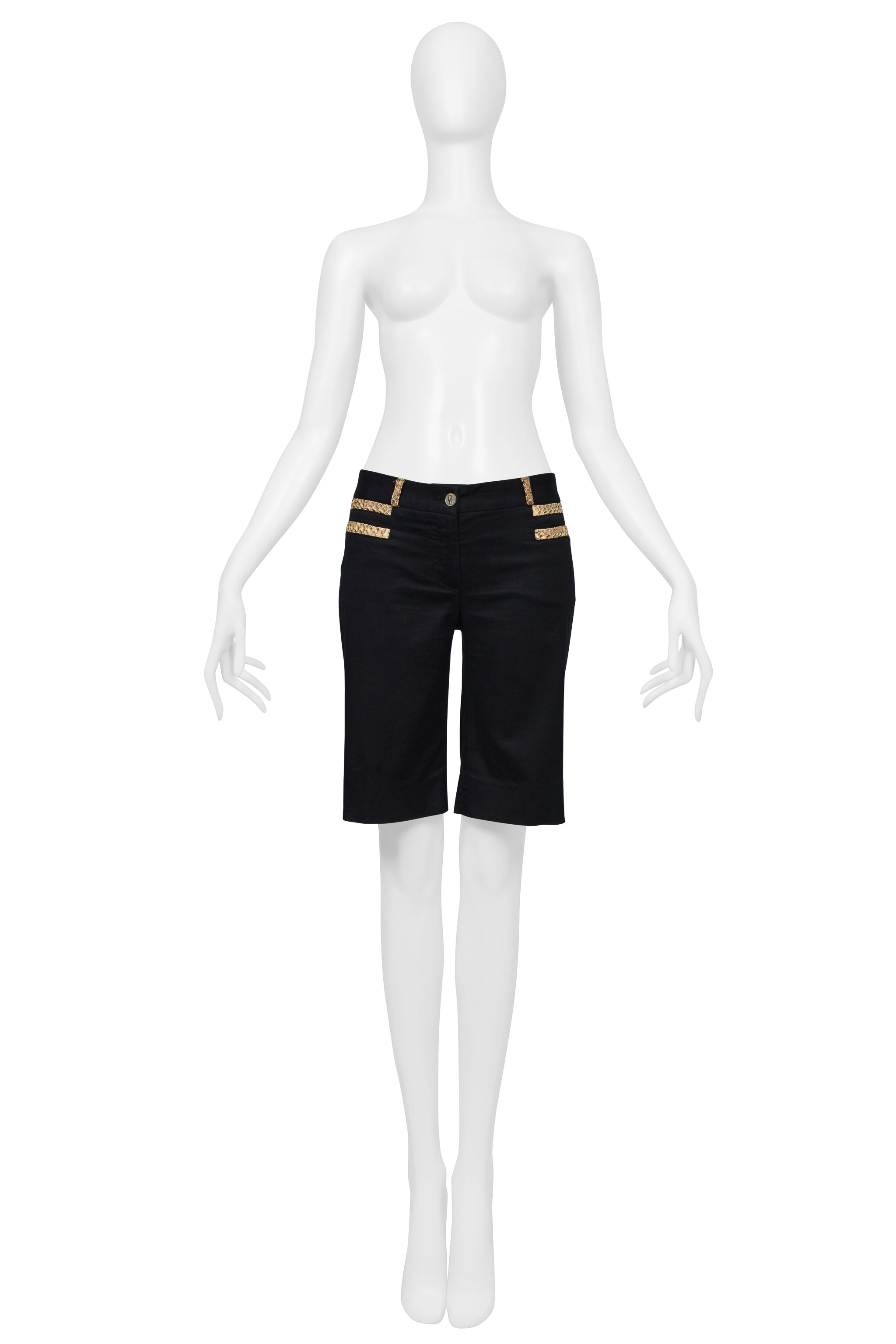 DOLCE & GABBANA BLACK COTTON BERMUDA SHORTS WITH PYTHON-EFFECT LEATHER TRIM