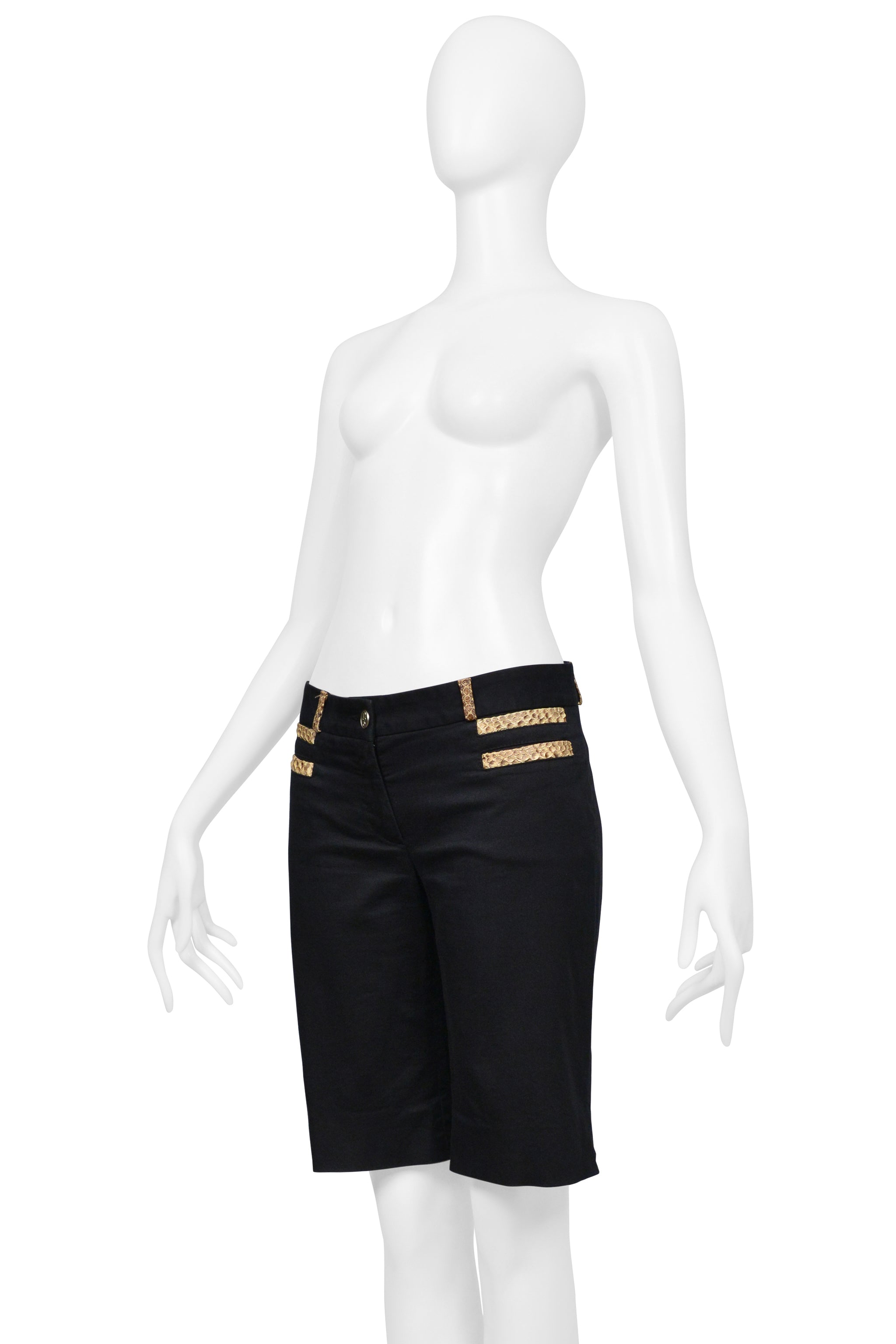 DOLCE & GABBANA BLACK COTTON BERMUDA SHORTS WITH PYTHON-EFFECT LEATHER TRIM