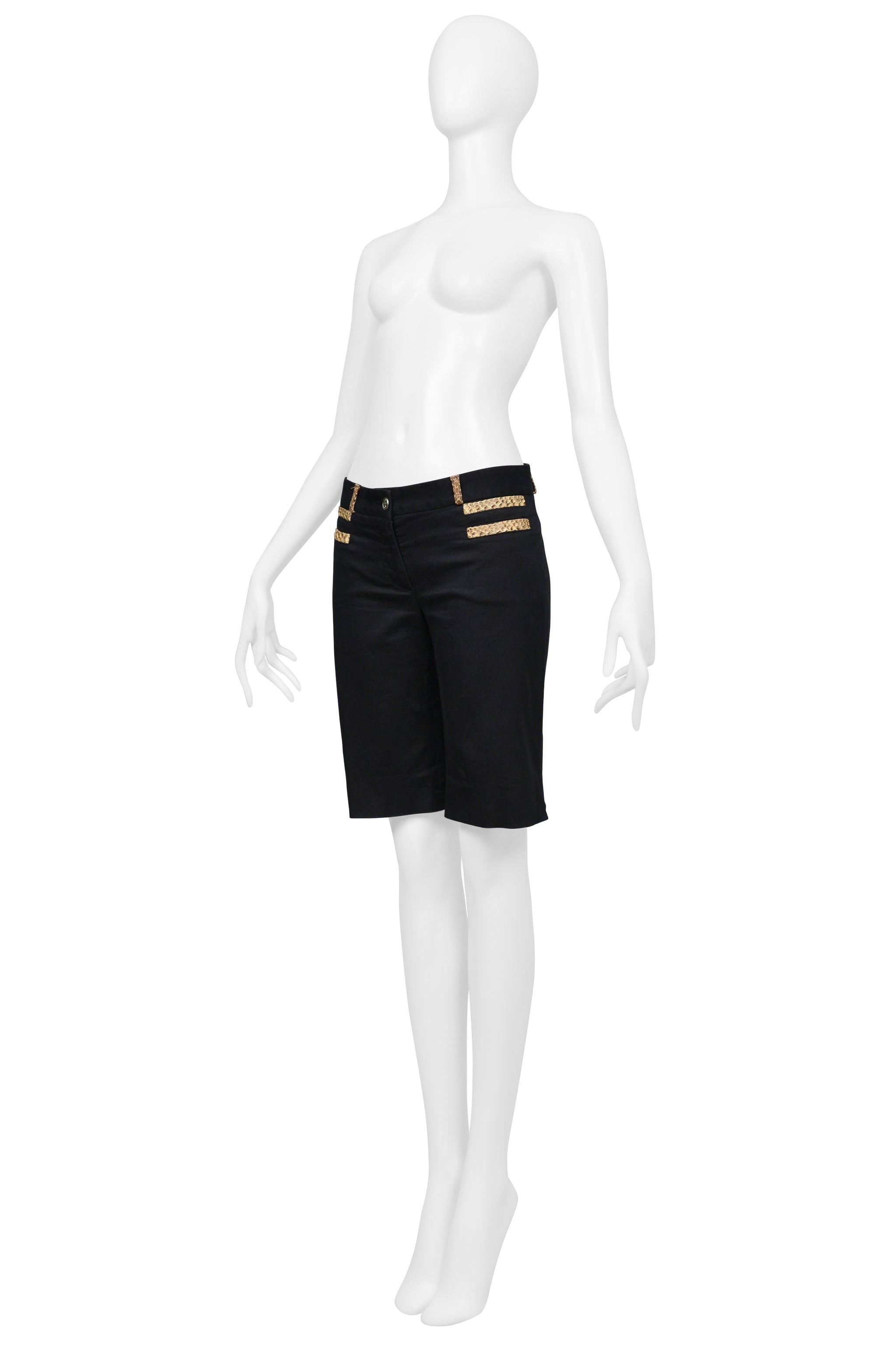 DOLCE & GABBANA BLACK COTTON BERMUDA SHORTS WITH PYTHON-EFFECT LEATHER TRIM