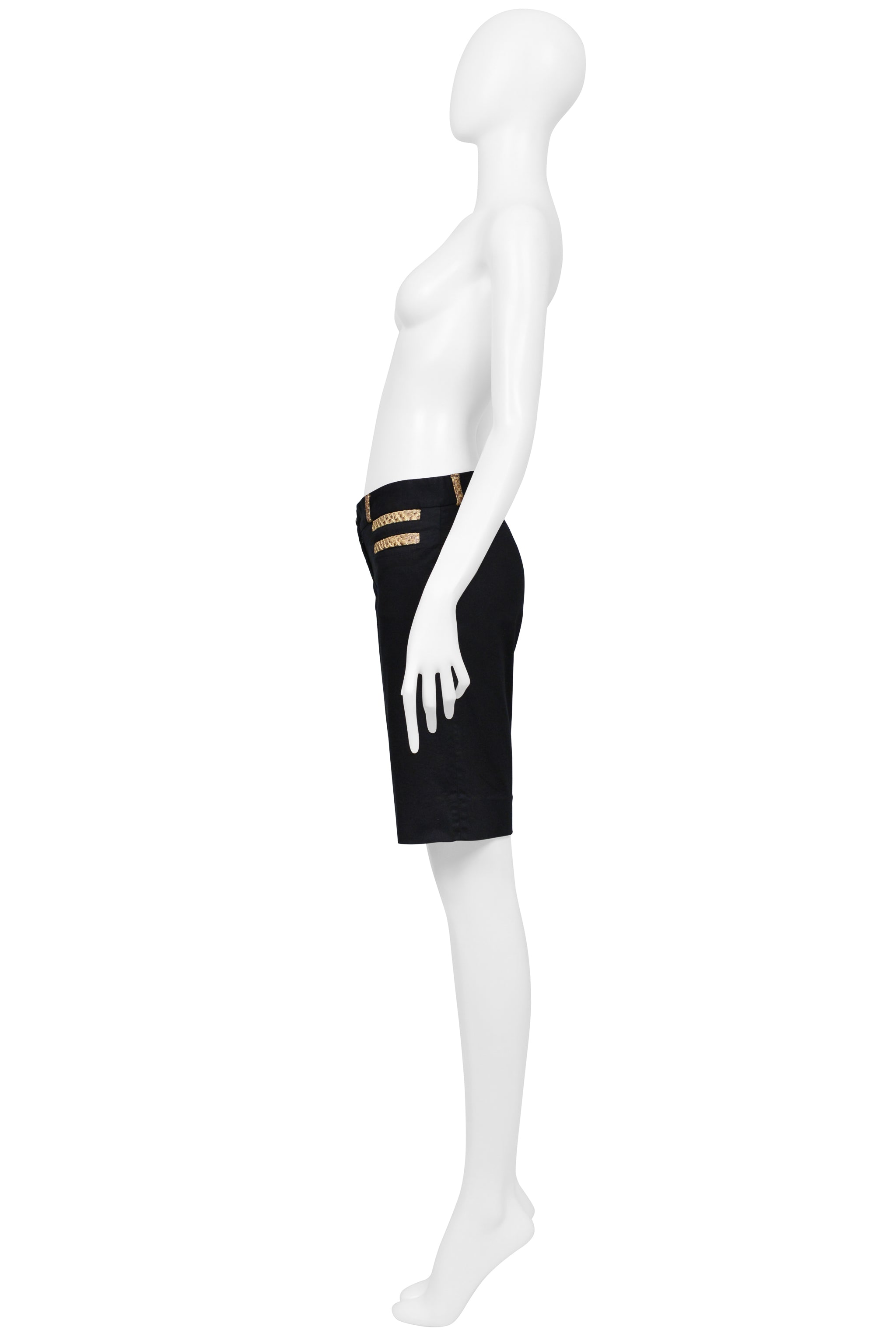 DOLCE & GABBANA BLACK COTTON BERMUDA SHORTS WITH PYTHON-EFFECT LEATHER TRIM