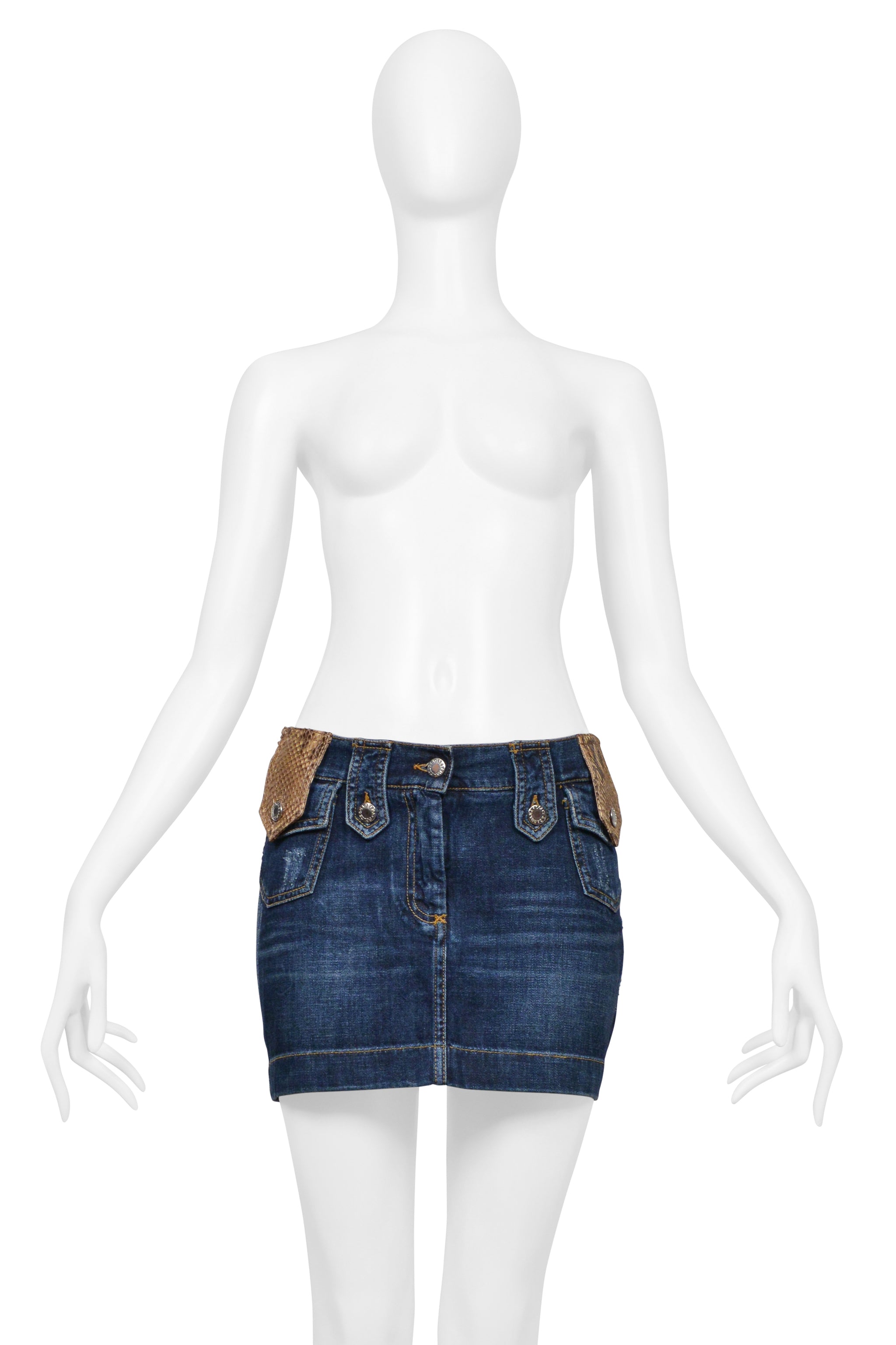 DOLCE & GABBANA BLUE DENIM WASH SUPER-MINI SKIRT WITH PYTHON TRIM 2005