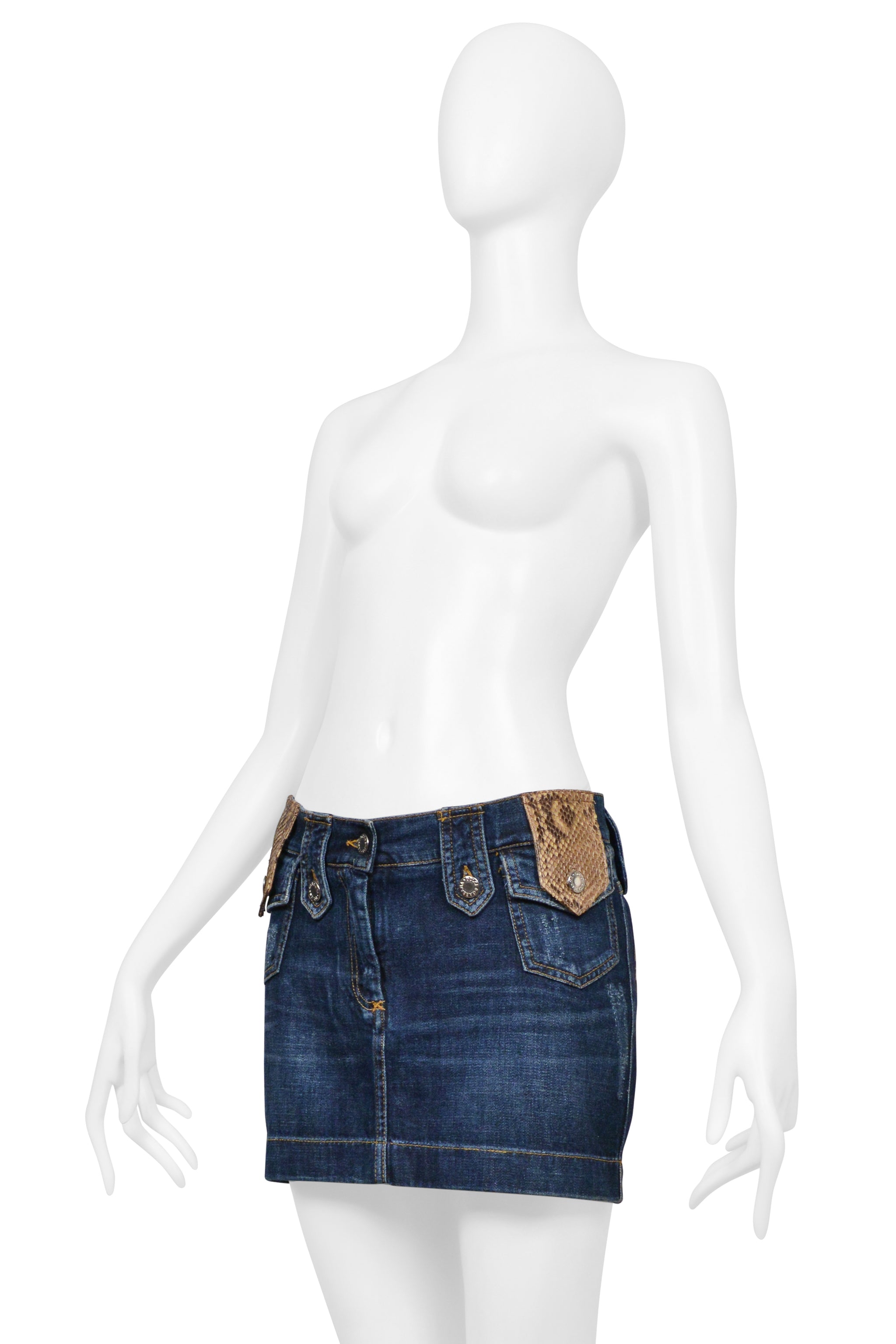 DOLCE & GABBANA BLUE DENIM WASH SUPER-MINI SKIRT WITH PYTHON TRIM 2005
