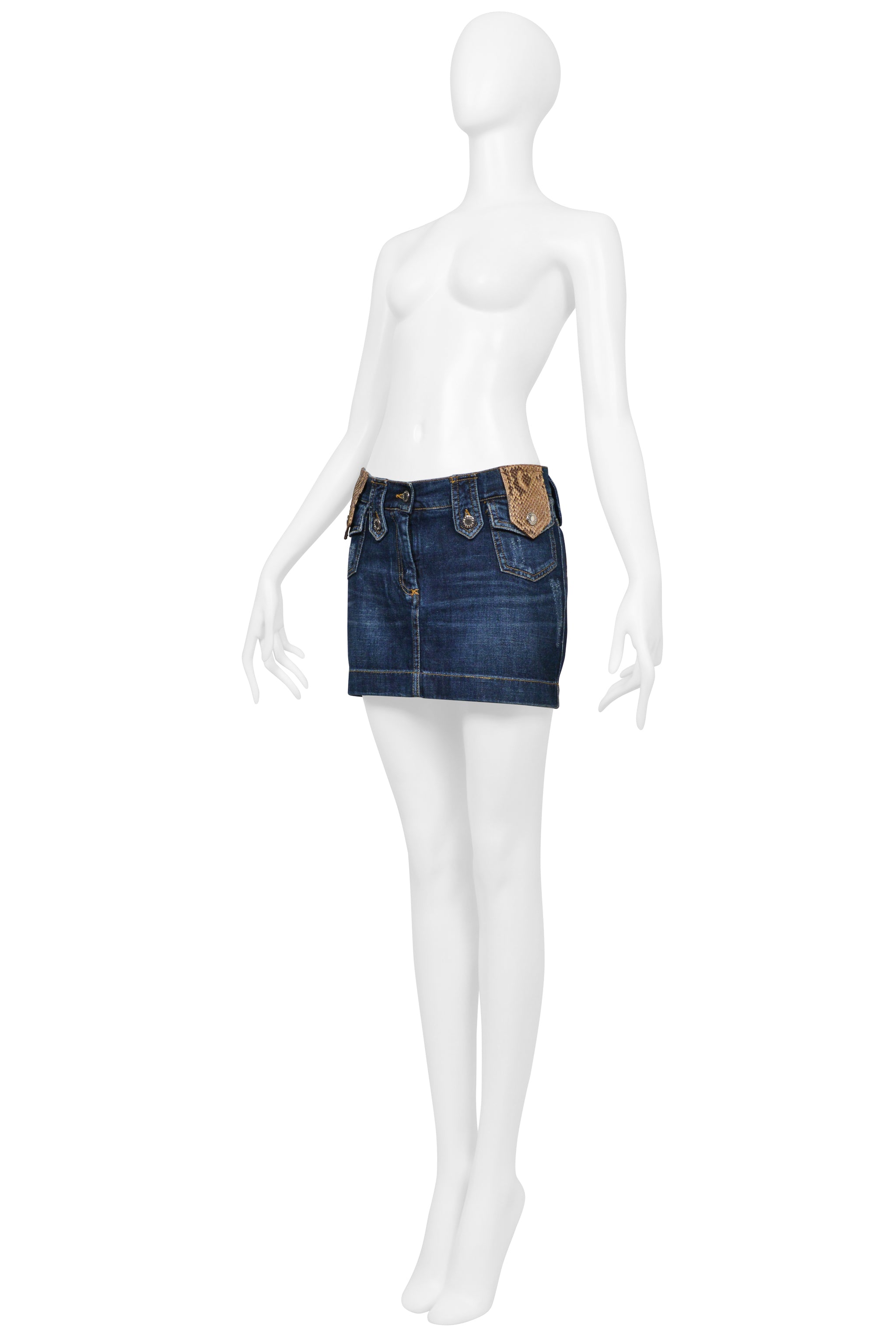 DOLCE & GABBANA BLUE DENIM WASH SUPER-MINI SKIRT WITH PYTHON TRIM 2005