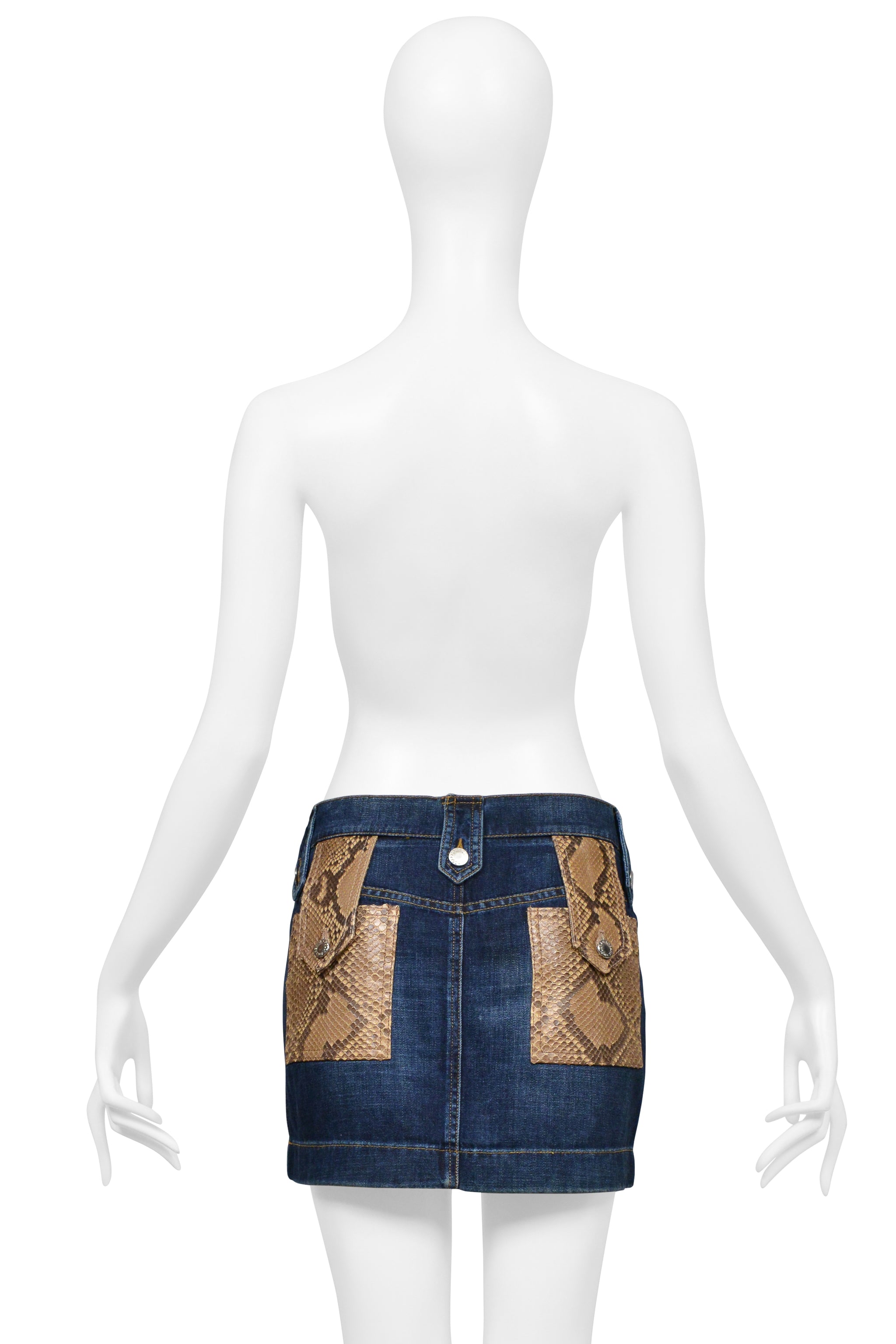 DOLCE & GABBANA BLUE DENIM WASH SUPER-MINI SKIRT WITH PYTHON TRIM 2005