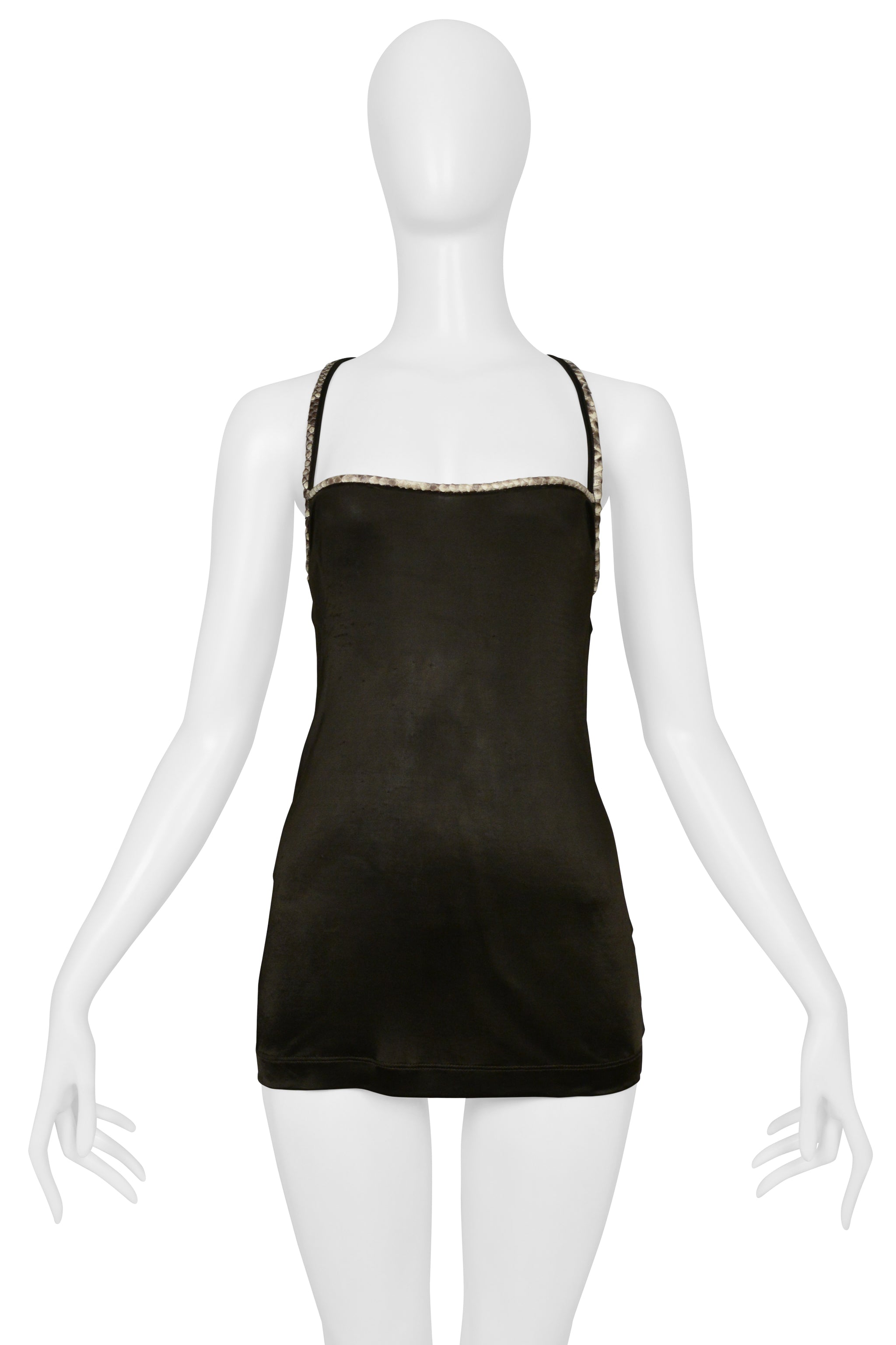DOLCE & GABBANA BROWN JERSEY HALTER TOP WITH PYTHON TRIM