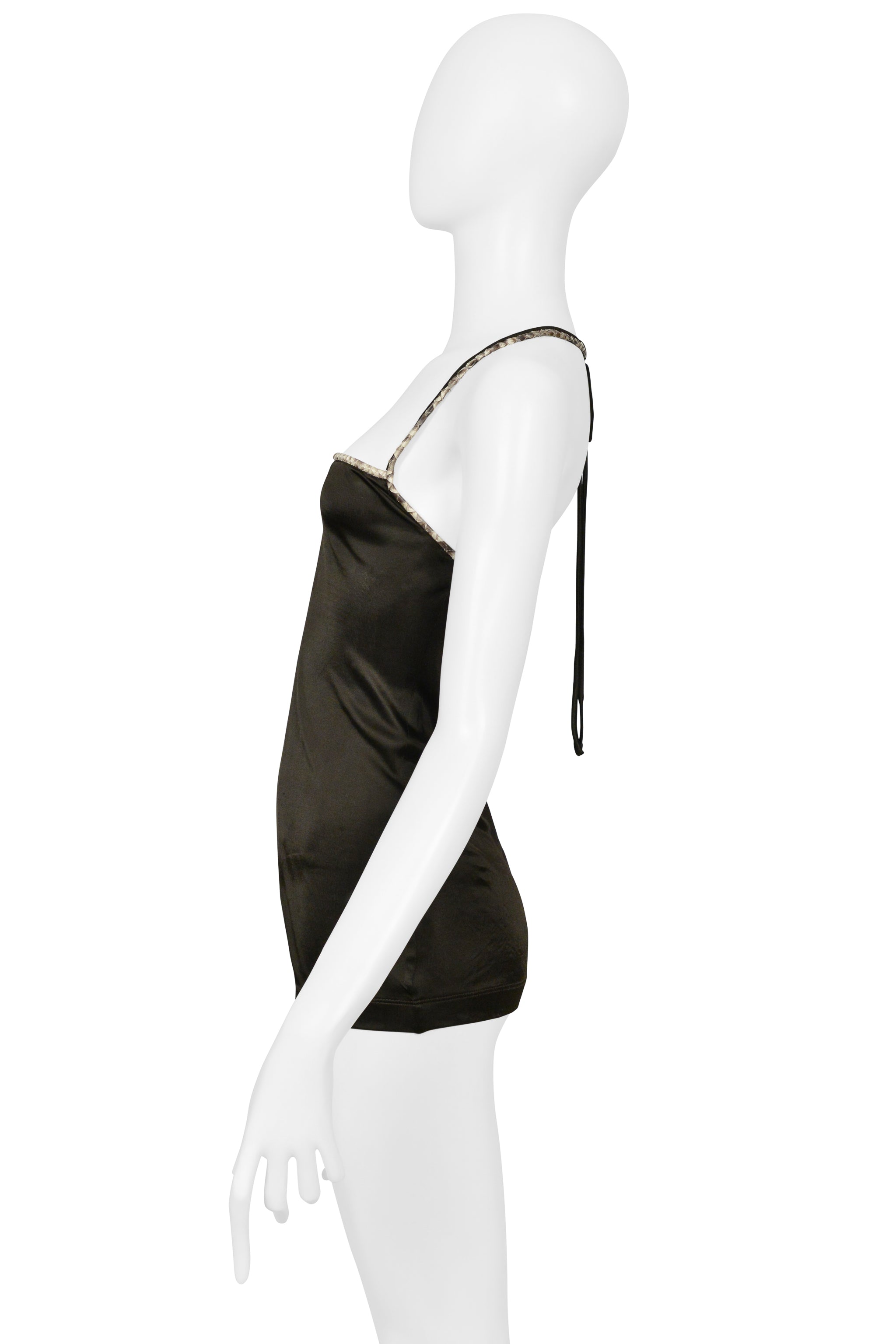 DOLCE & GABBANA BROWN JERSEY HALTER TOP WITH PYTHON TRIM