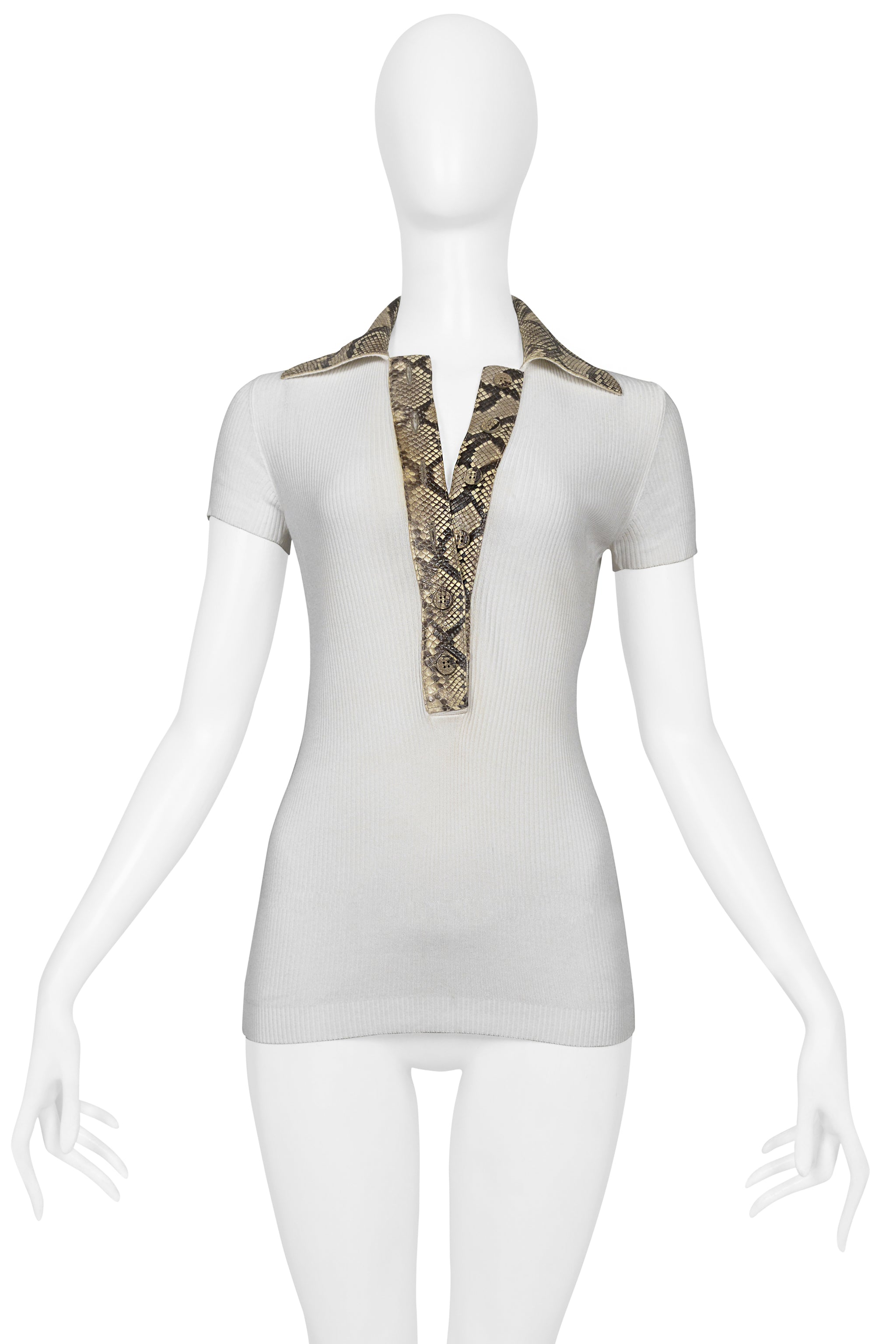 DOLCE & GABBANA WHITE RIBBED KNIT TOP W PYTHON-EFFECT LEATHER TRIM COLLAR & BUTTONS 2005