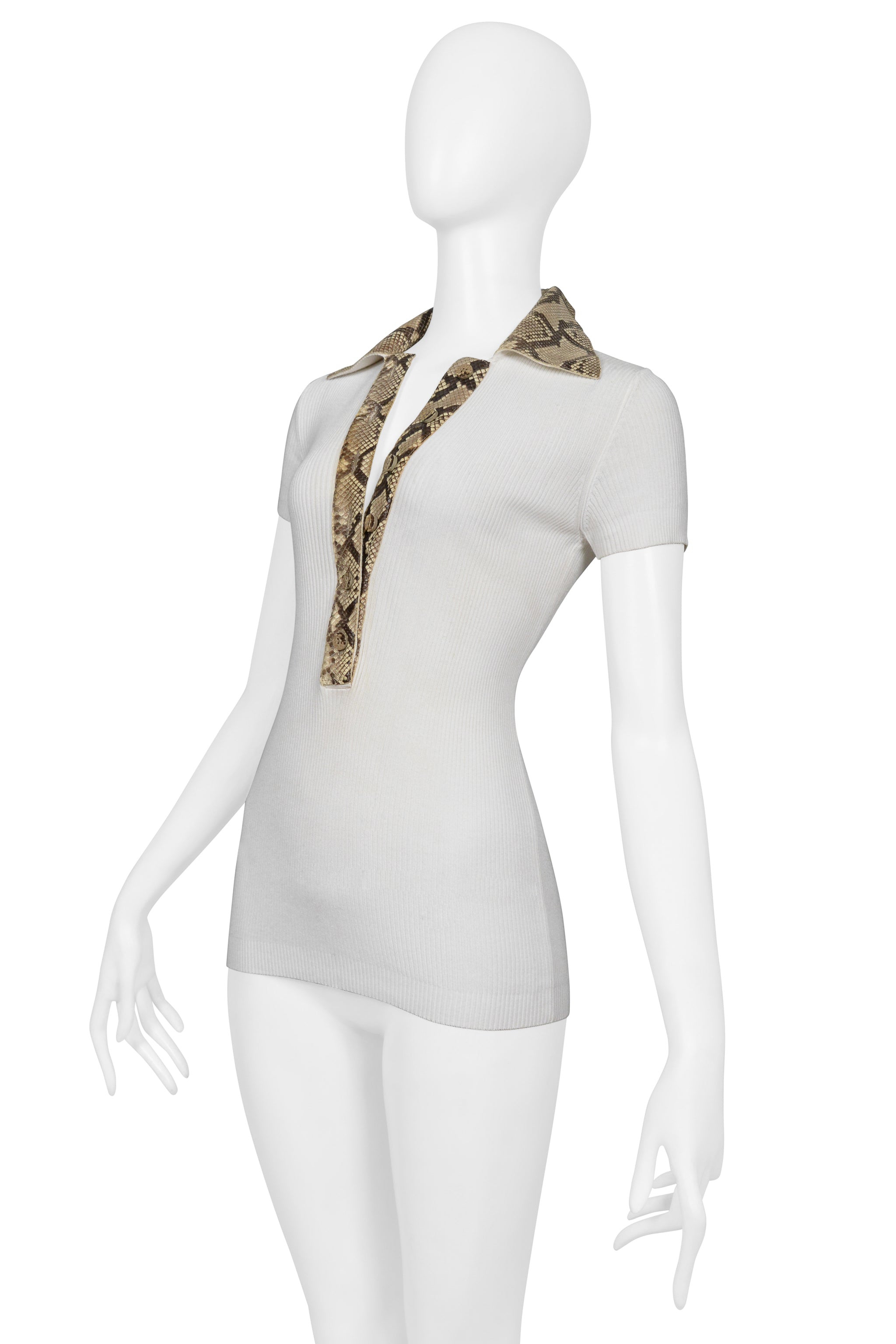 DOLCE & GABBANA WHITE RIBBED KNIT TOP W PYTHON-EFFECT LEATHER TRIM COLLAR & BUTTONS 2005