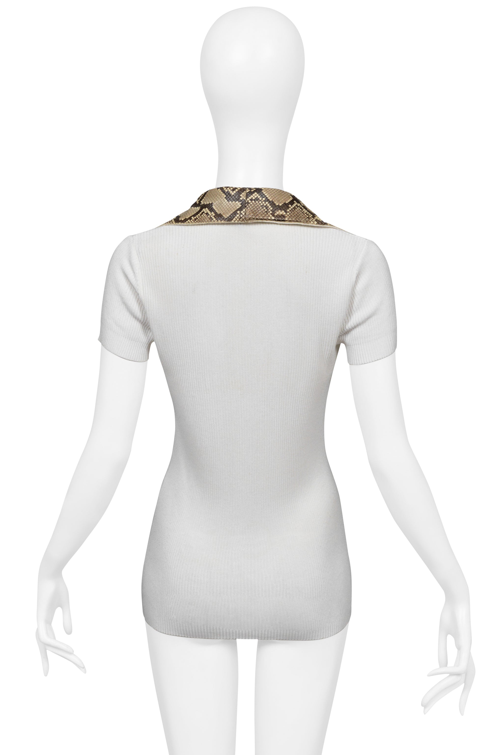 DOLCE & GABBANA WHITE RIBBED KNIT TOP W PYTHON-EFFECT LEATHER TRIM COLLAR & BUTTONS 2005