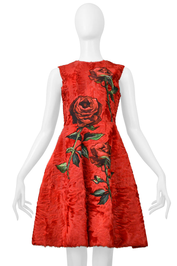 DOLCE & GABBANA  RED FUR DRESS WITH ROSE APPLIQUES 2015 AW