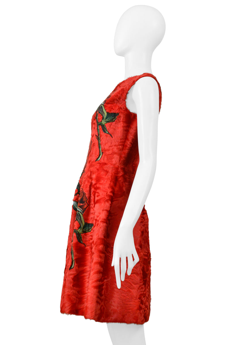 DOLCE & GABBANA  RED FUR DRESS WITH ROSE APPLIQUES 2015