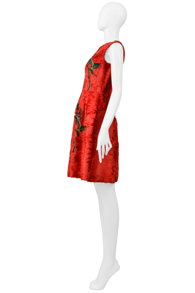 DOLCE & GABBANA  RED FUR DRESS WITH ROSE APPLIQUES 2015