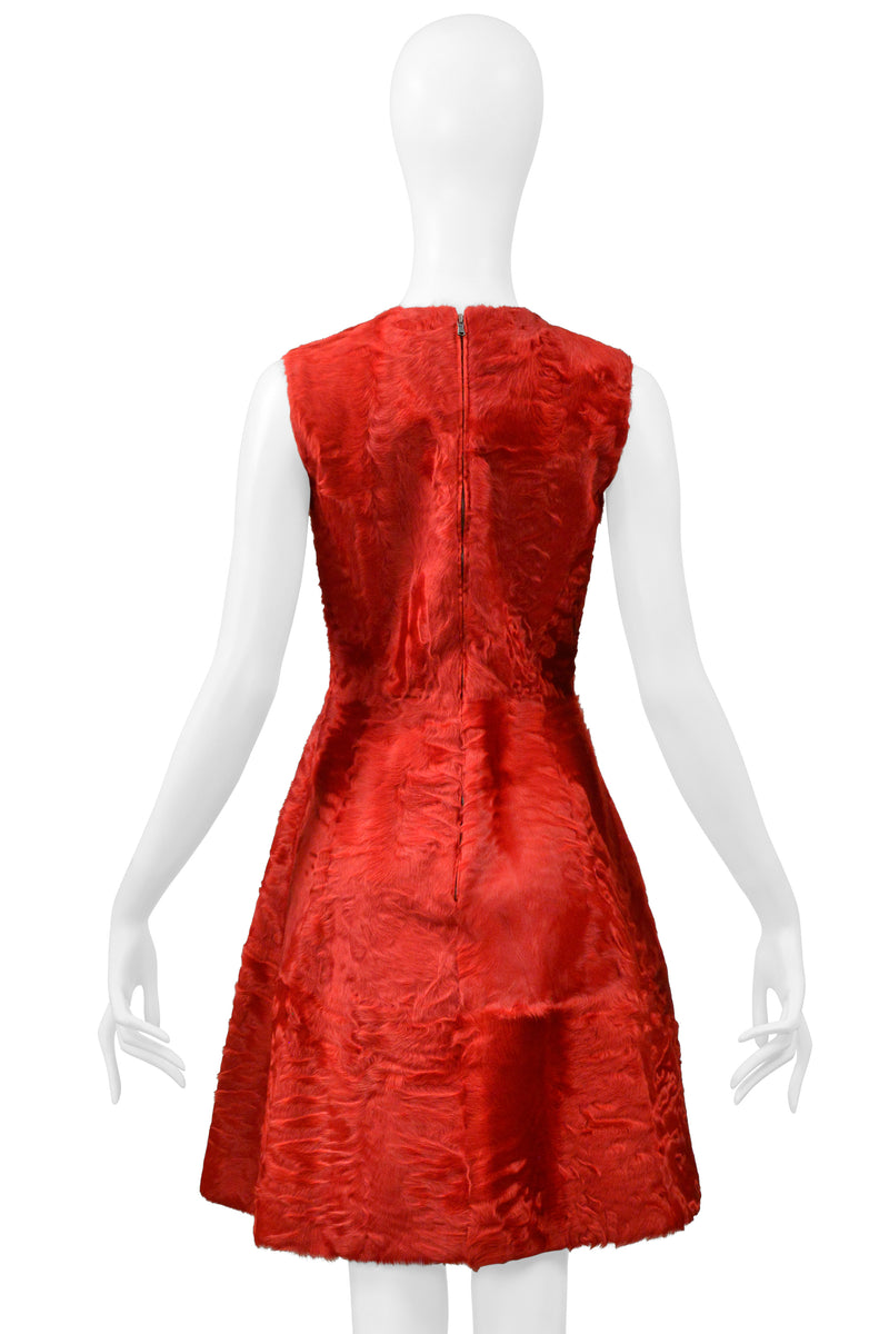 DOLCE & GABBANA  RED FUR DRESS WITH ROSE APPLIQUES 2015