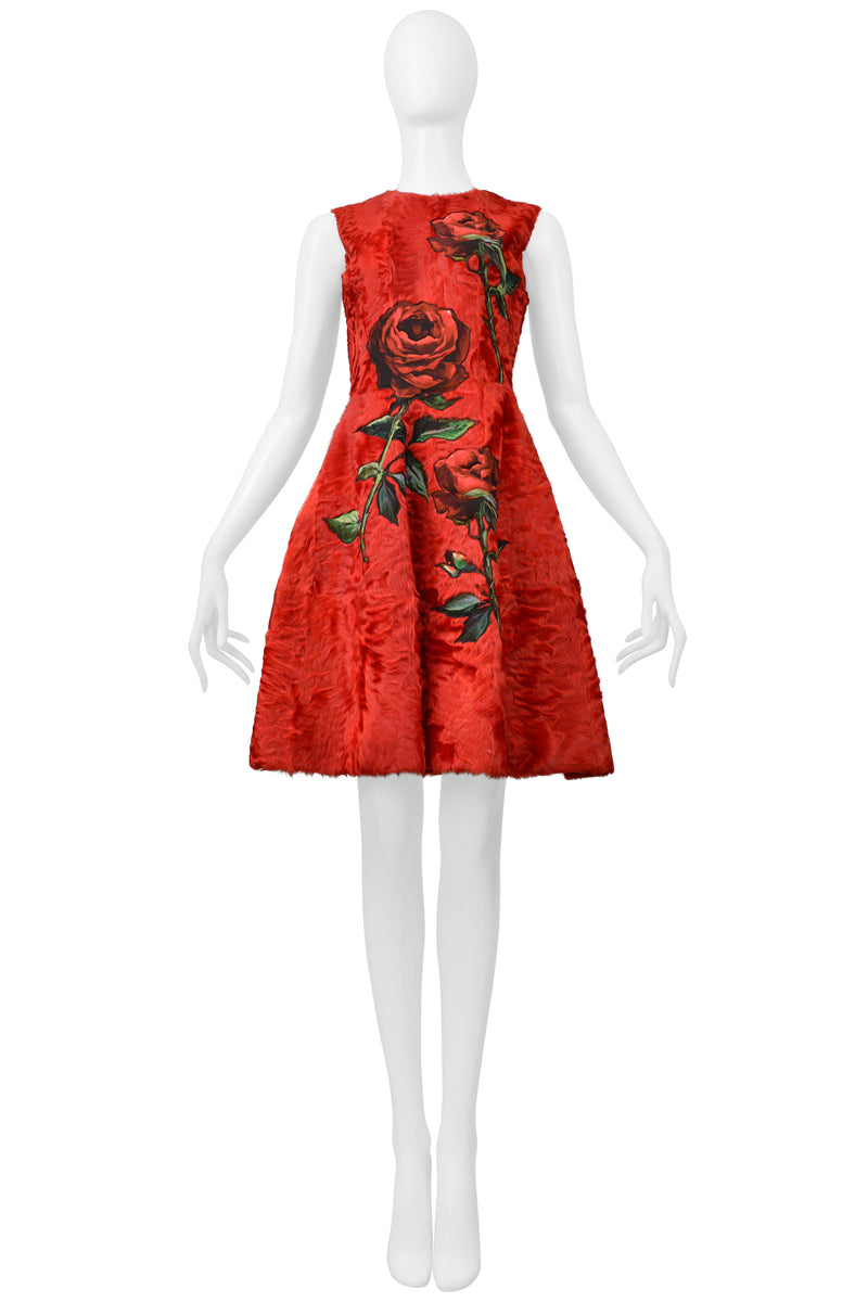 DOLCE & GABBANA  RED FUR DRESS WITH ROSE APPLIQUES 2015