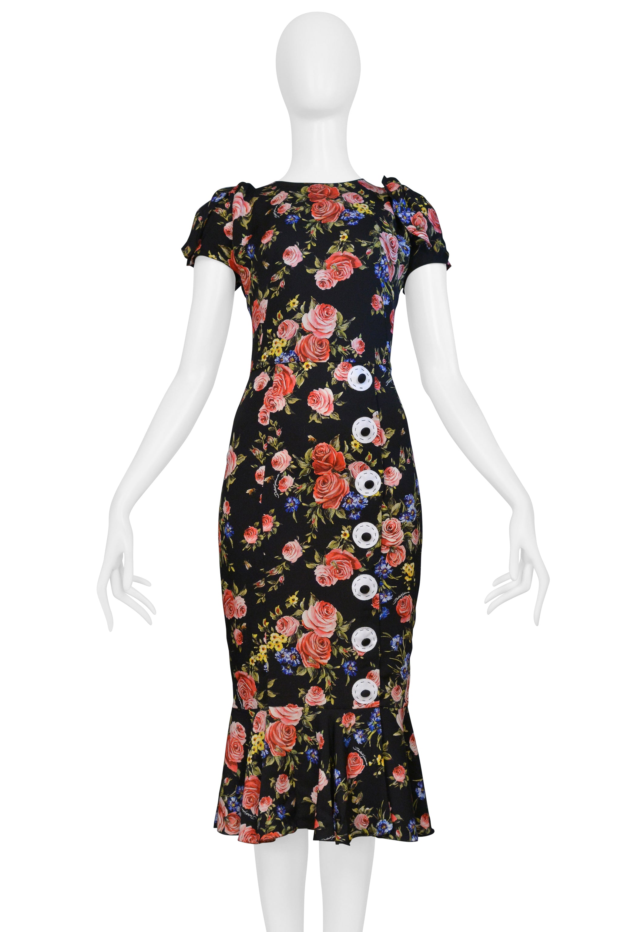 DOLCE & GABBANA BLACK FLORAL SILK DRESS WITH BUTTON APPLIQUES 2017