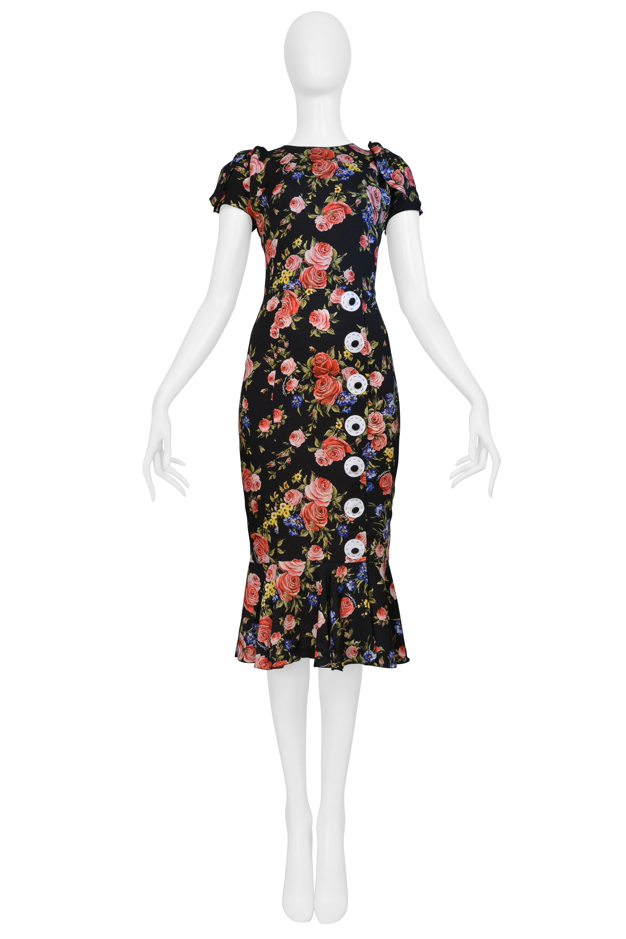 DOLCE & GABBANA BLACK FLORAL SILK DRESS WITH BUTTON APPLIQUES 2017