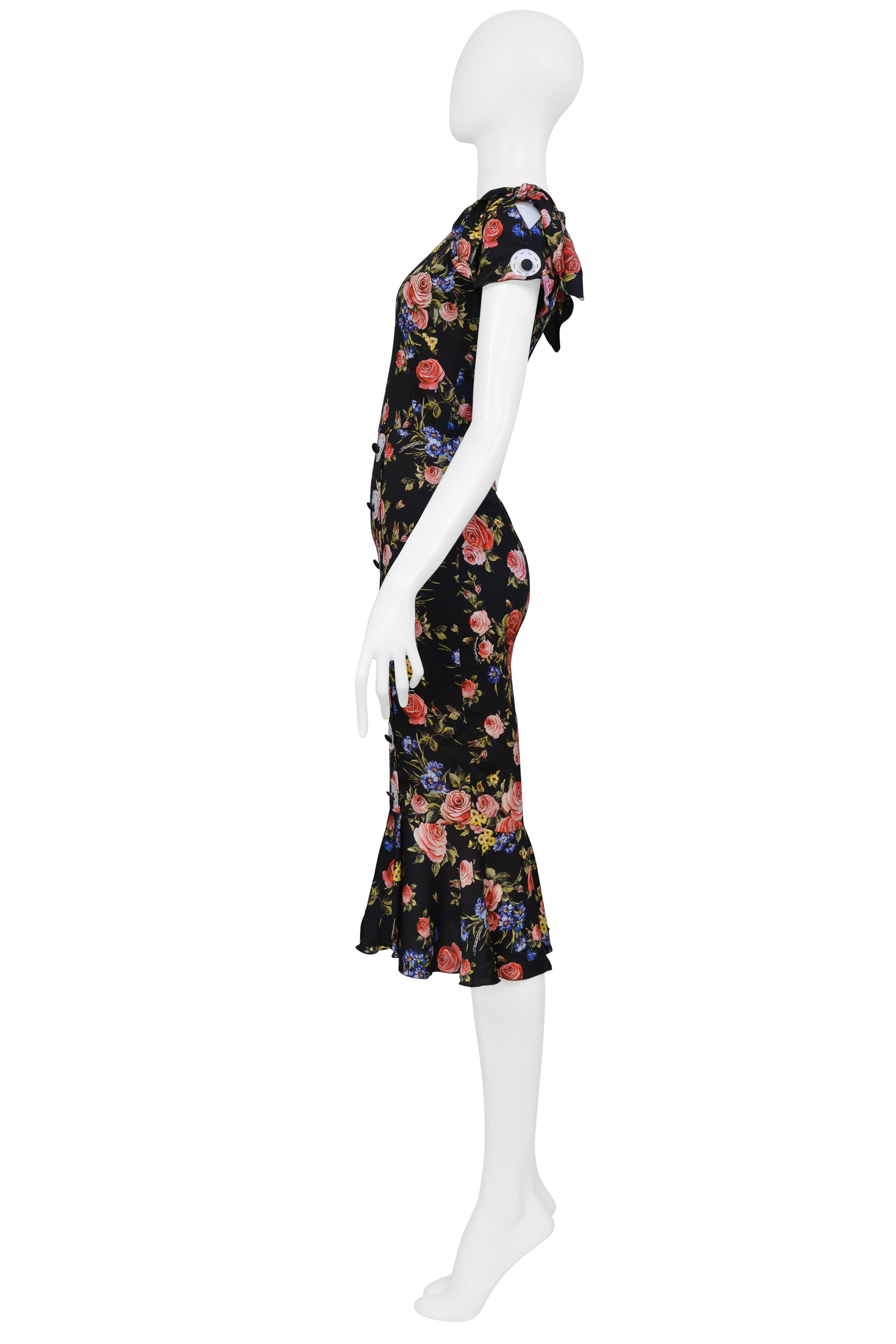 DOLCE & GABBANA BLACK FLORAL SILK DRESS WITH BUTTON APPLIQUES 2017
