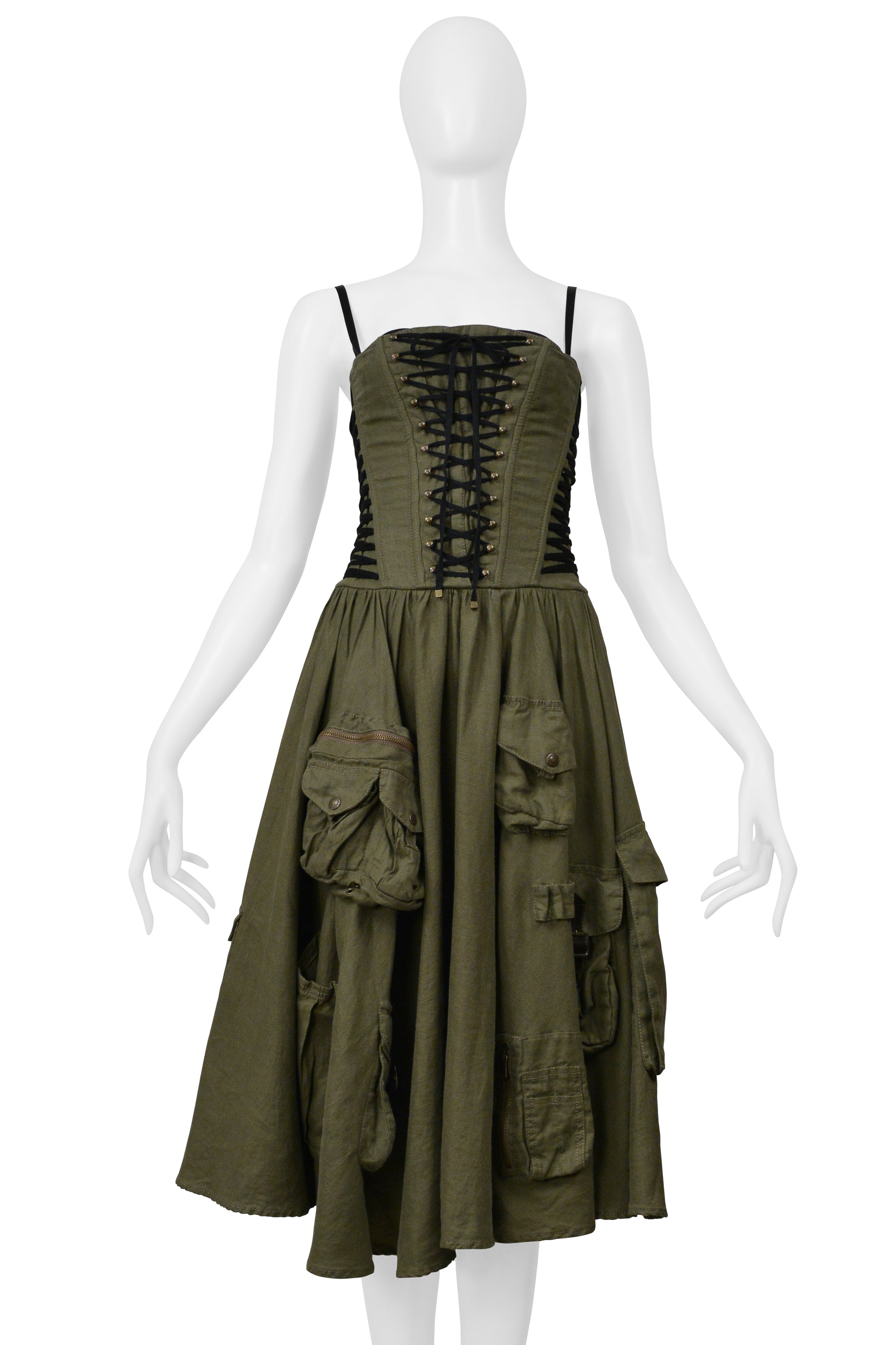 DOLCE & GABBANA ARMY GREEN LINEN CARGO CORSET DRESS 2002