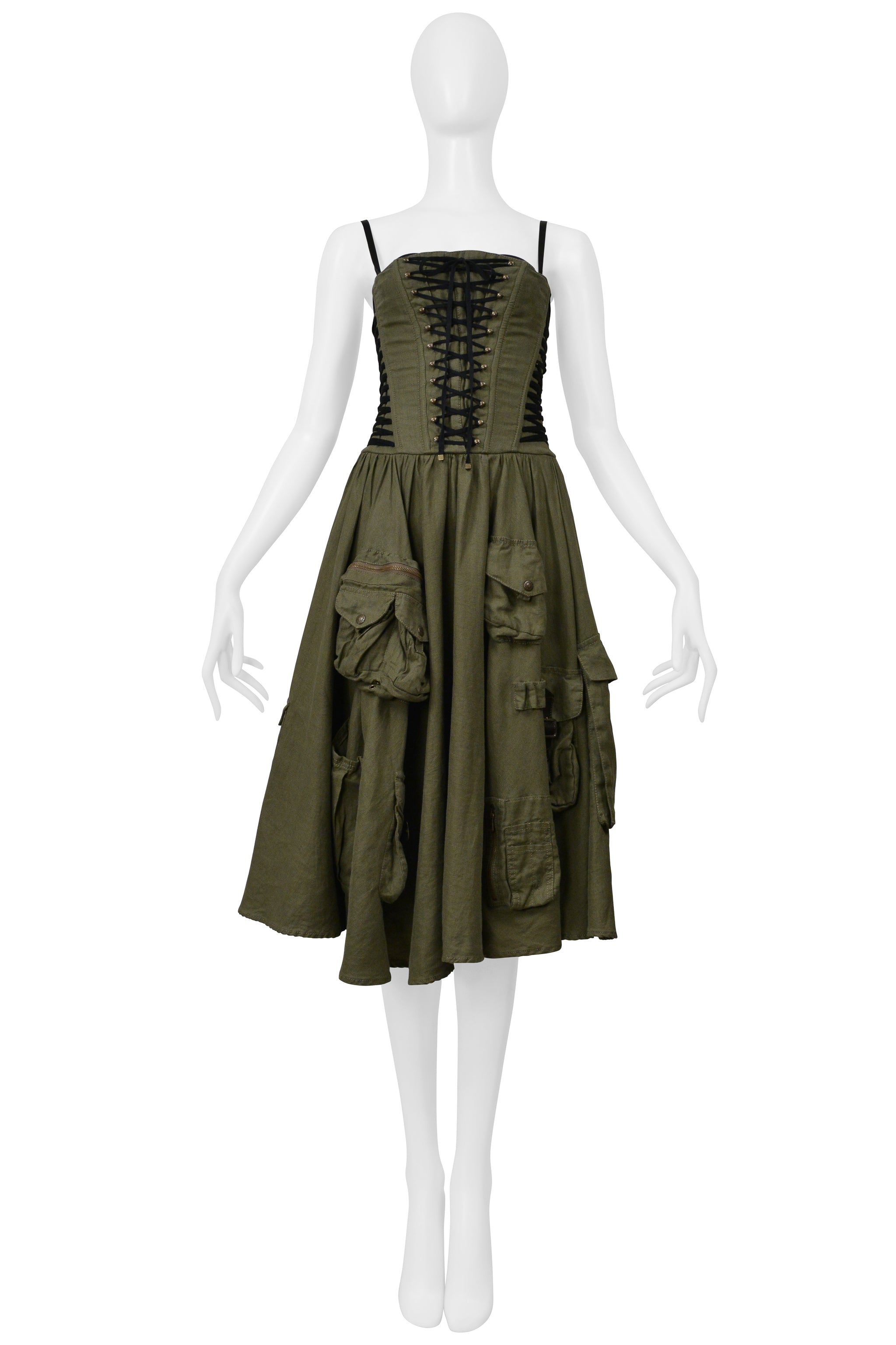 DOLCE & GABBANA ARMY GREEN LINEN CARGO CORSET DRESS 2002