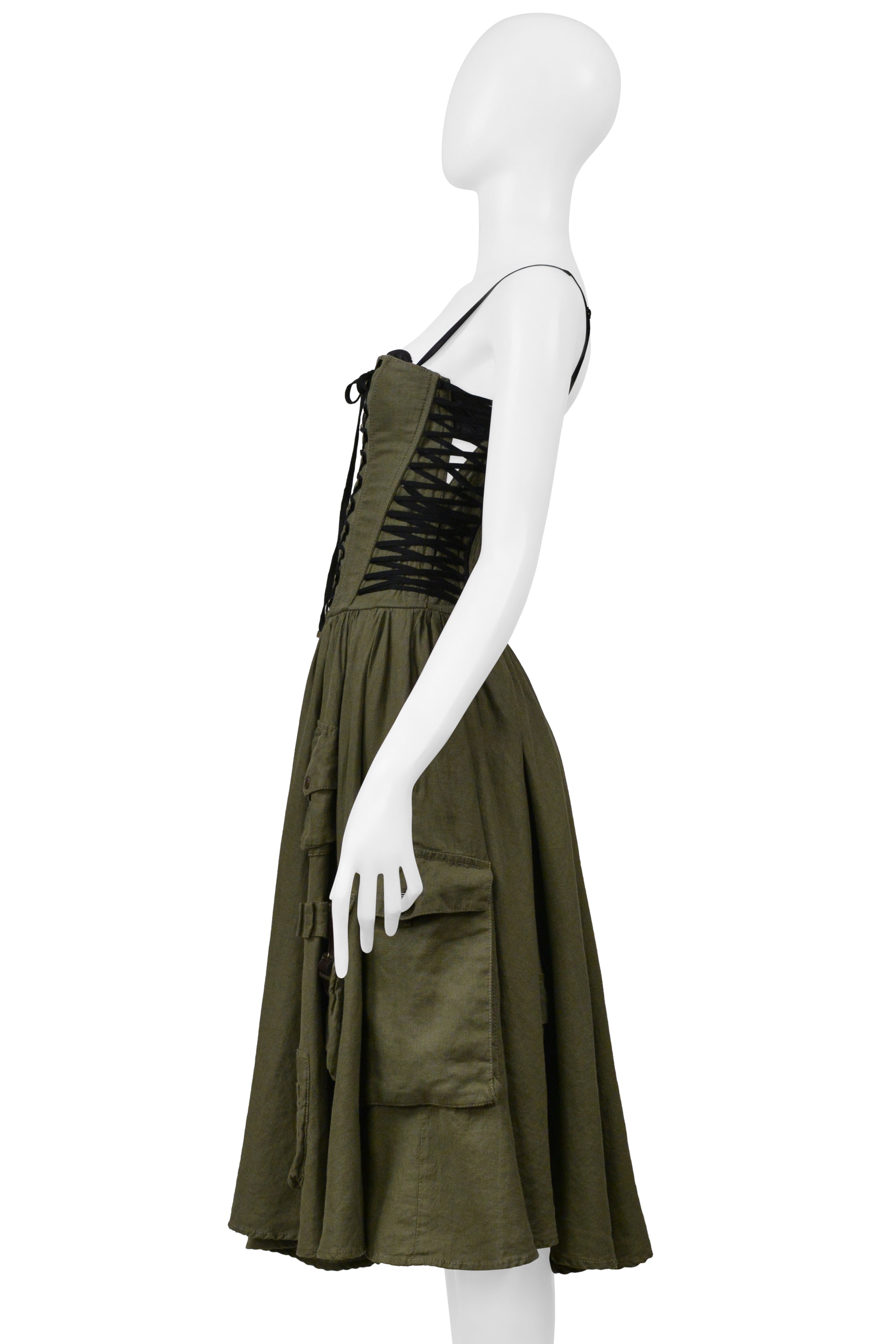 DOLCE & GABBANA ARMY GREEN LINEN CARGO CORSET DRESS 2002